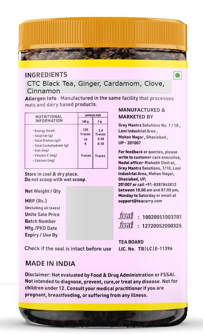 TEACURRY TEACURRY Bombay Masala Chai (200 Grams, 100 Cups) - Mumbai Spiced Tea for Digestion and Immunity - 100% Natural Flavoured Tea with Real Spices | Refreshing & Tasteful Bombay Masala Flavor Chai Tea