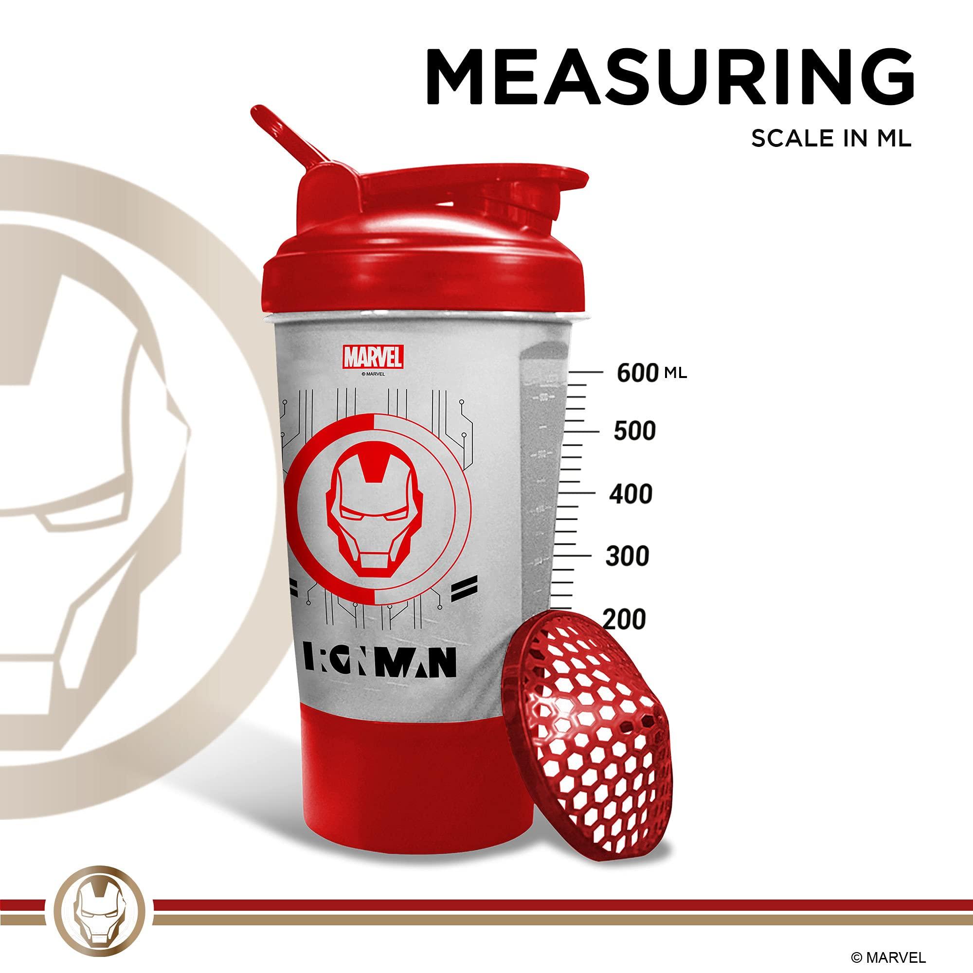 PowerMax Fitness Powermax Fitness X Marvel Msb-6S Iron Man Marvel Edition Shaker Bottle 600Ml, 100% Leakproof Guarantee Sipper Bottle Ideal For Protein, Pre-Workout And Bcaas, Bpa Free Material, Plastic (Clear)