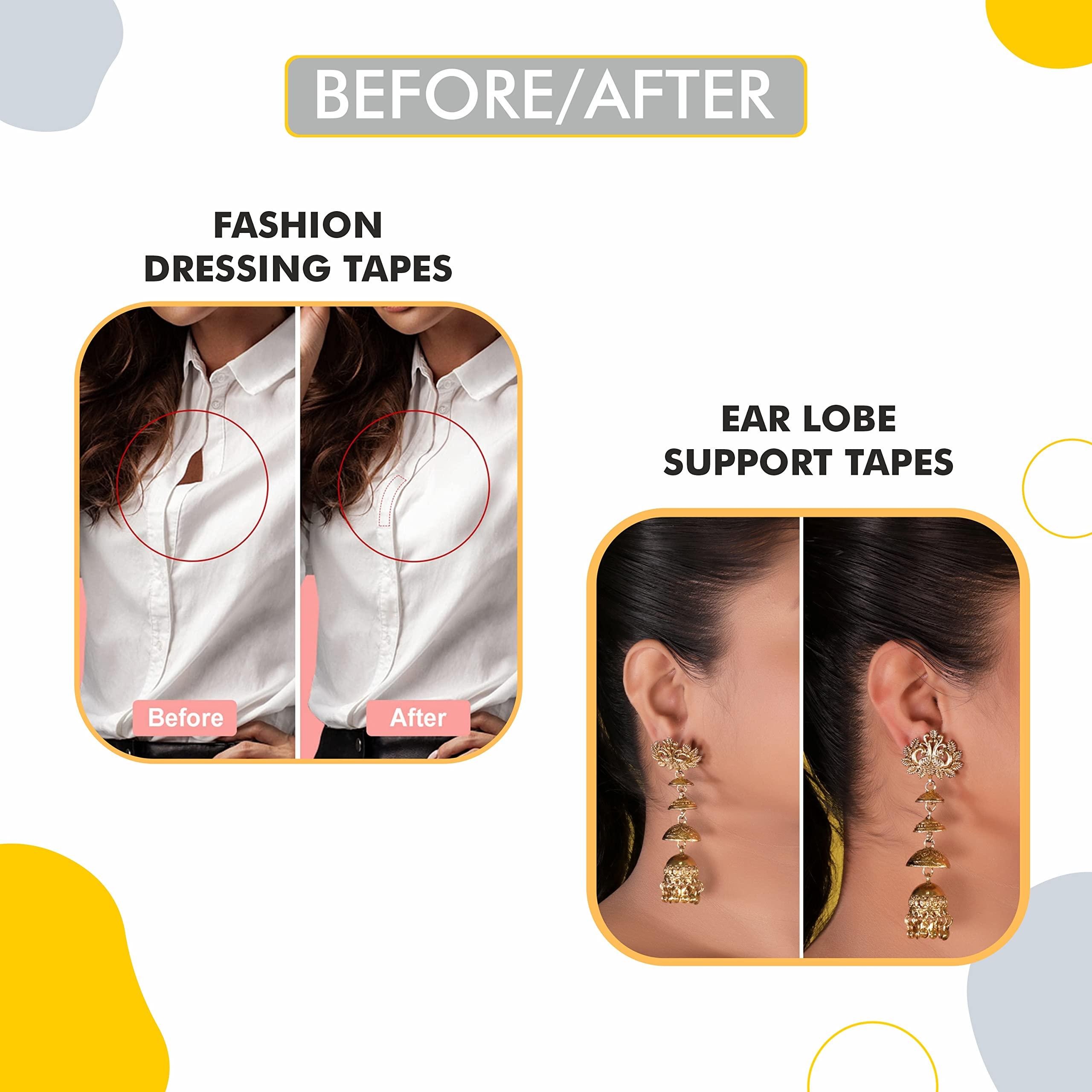 SLICKFIX SlickFix Trial Pack Combo - Fashion Dressing Tape & Ear Lobe Support Patches (36 pcs each) | Double sided body tape for women | Ear lobe protector and Fashion tape for dresses.