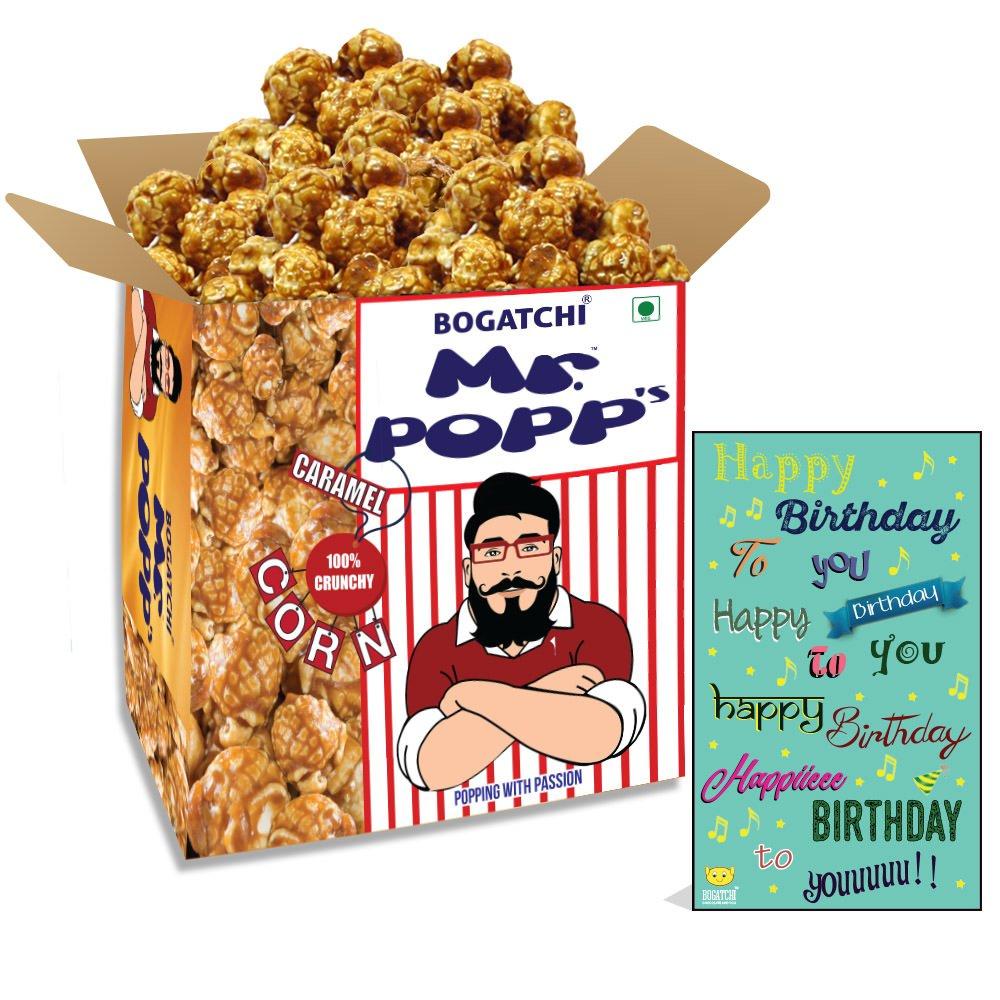 BOGATCHI BOGATCHI Mr.POPP\'s Caramel Popcorn, 100% Crunchy HandCrafted Gourmet Popcorn Snacks | NO Microwave needed | Best Movie / TV Time Snack, Best Birthday Gift for Husband , 250g + FREE Happy Birthday Greeting Card