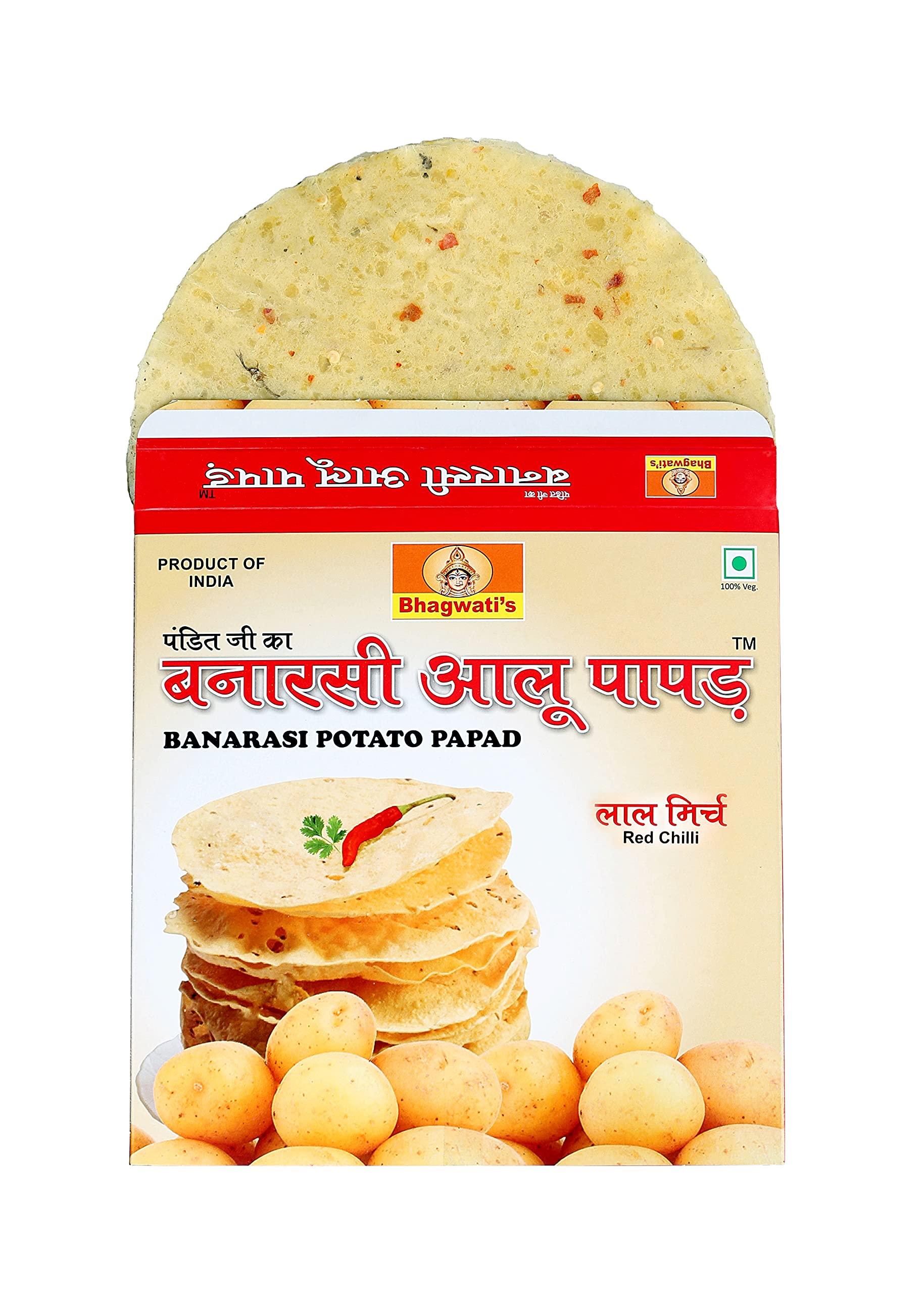 Banarasi Aloo Papad Banarasi Aloo Papad Potato Papad Red Chilli/Lal Mirch 250Gms | Handmade | Ready To Cook | 100% Vegetarian Indian Namkeen Snack | Crunchy Red Chilli Potato Papad