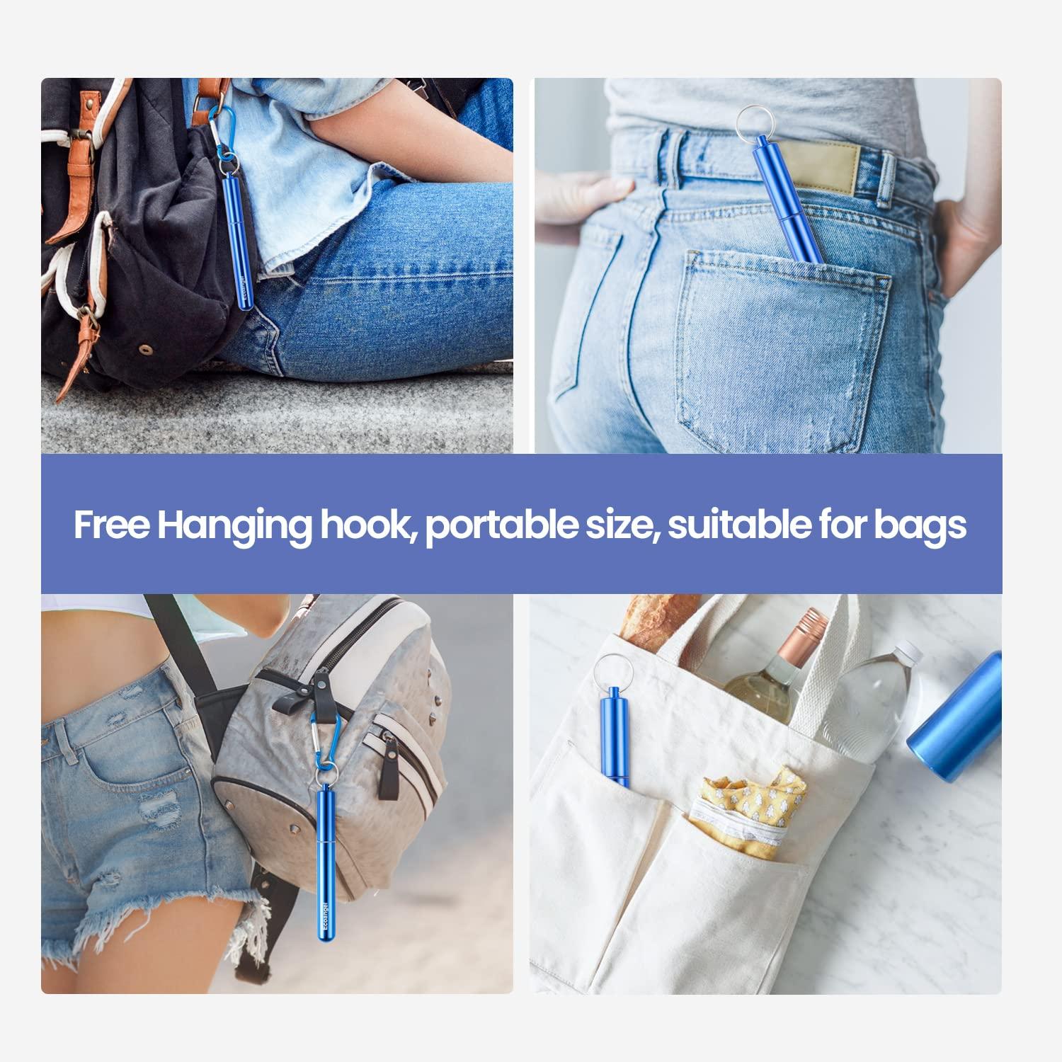 Ecoangel 4 Pack Portable Reusable Metal Straw Collapsible Stainless Steel Drinking Straw Telescopic Straw to Drink Water Smoothie with Aluminum Key-chain Case & Cleaning Brush Black & rose gold & blue & gold