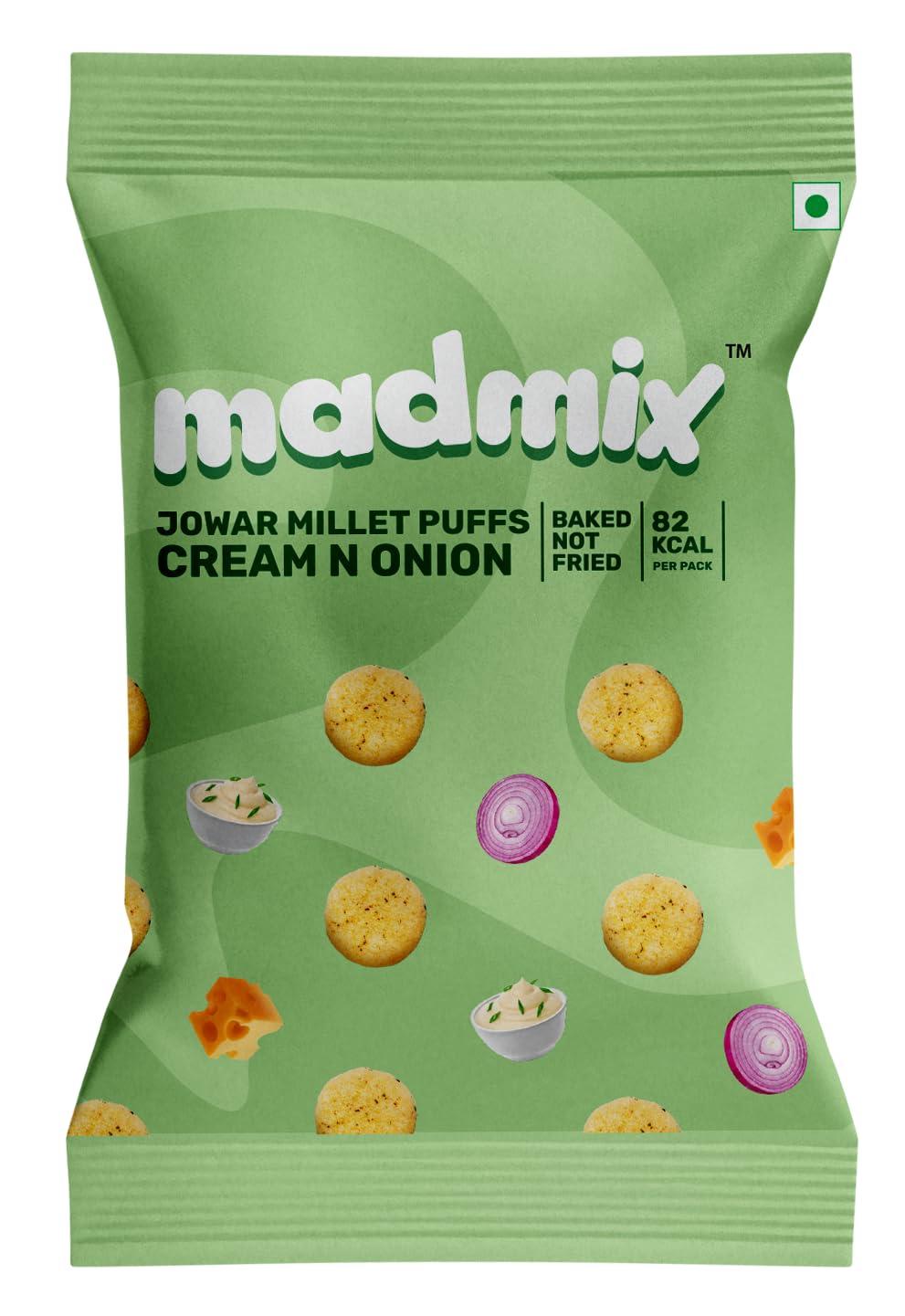 Madmix Madmix Jowar Millet Puffs - Cream & Onion | 480g Pack of 24 (20g X 24) | Gluten-Free | Crunchy Vegan Snack with a Creamy Zest | Baked, Not Fried