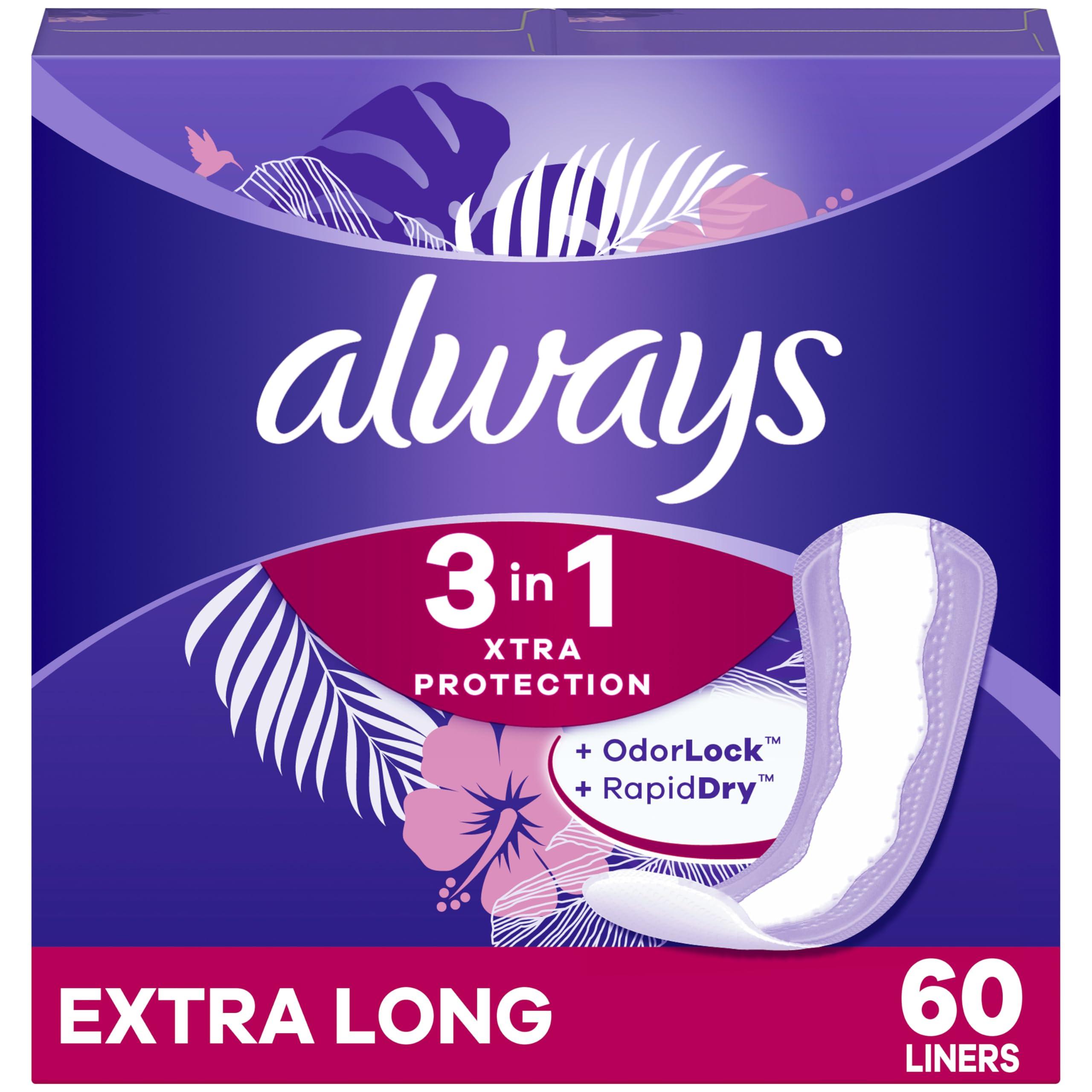 Always Always Xtra Protection 3-in-1 Daily Liners for Women, Extra Long, 60 CT