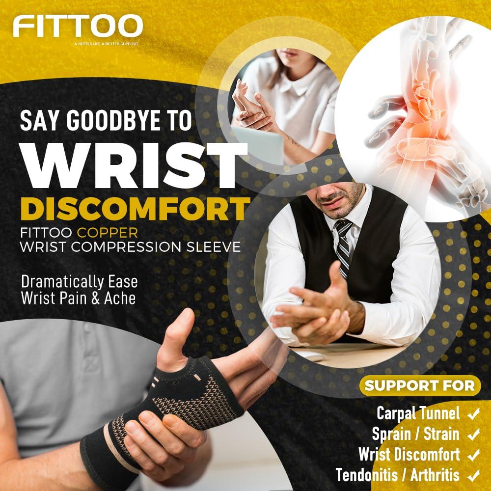 FITTOO FITTOO Copper Wrist Compression Sleeve, Copper Infused Wrist & Hand Compression Sleeve Brace for Improve Circulation, Relieve Wrist Discomfort,Tendonitis, Sprains, Sports, Gym Workout