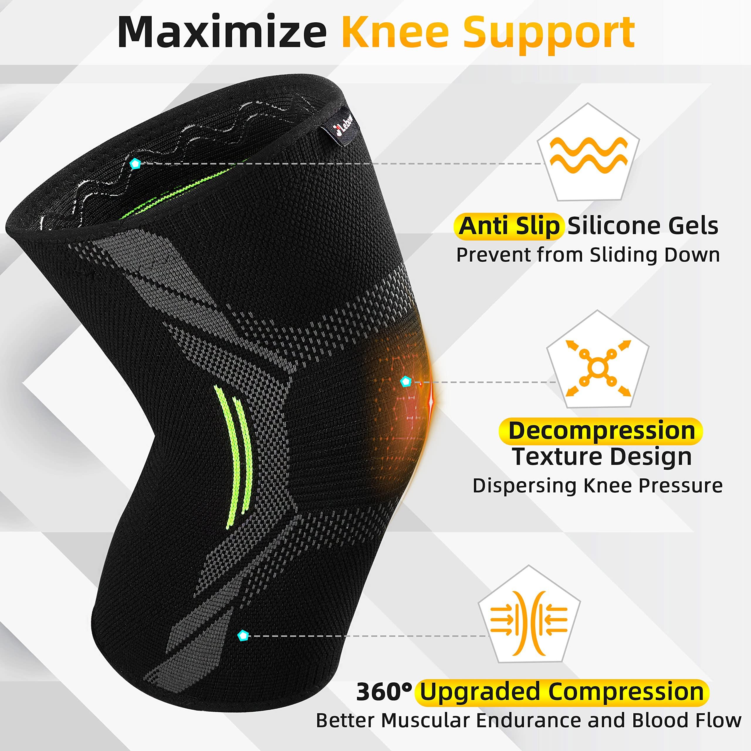 JLebow 2 Pack Knee Braces Sleeves for Knee Pain Knee Support Women Men - JLebow Compression Knee Brace for Working Out, Running, Gym, Fitness, Weightlifting High Stretch Knee Pads for Meniscus Tear, ACL, Arthritis, Joint Pain (Black, X-Large)