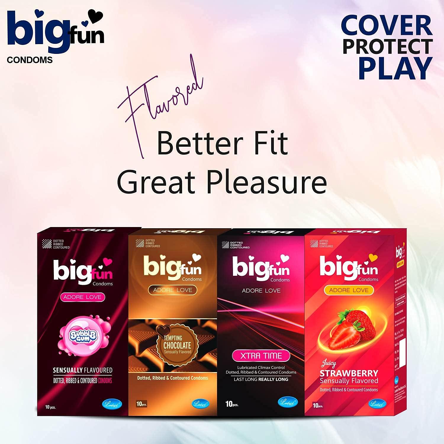 BIGFUN Bigfun Flavoured Condoms Combo Pack of 4(10Pcs EachPack) | Lubricated, Dotted, Ribbed Long-Lasting Condom For Men | Multi Flavoured Combo Pack | Flavour Bubblegum, Strawberry, Chocolate, Xtra time (Total 40 Pcs)
