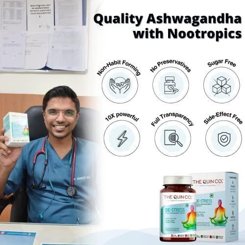 The Quin Co. The Quin Co. \'De-Stress\' - New Age Ashwagandha tablets with Nootropics | 5% Withanolides | Stress Relief & Anxiety | -1200 MG/Serving | Plant Based - 60 Veg tablets