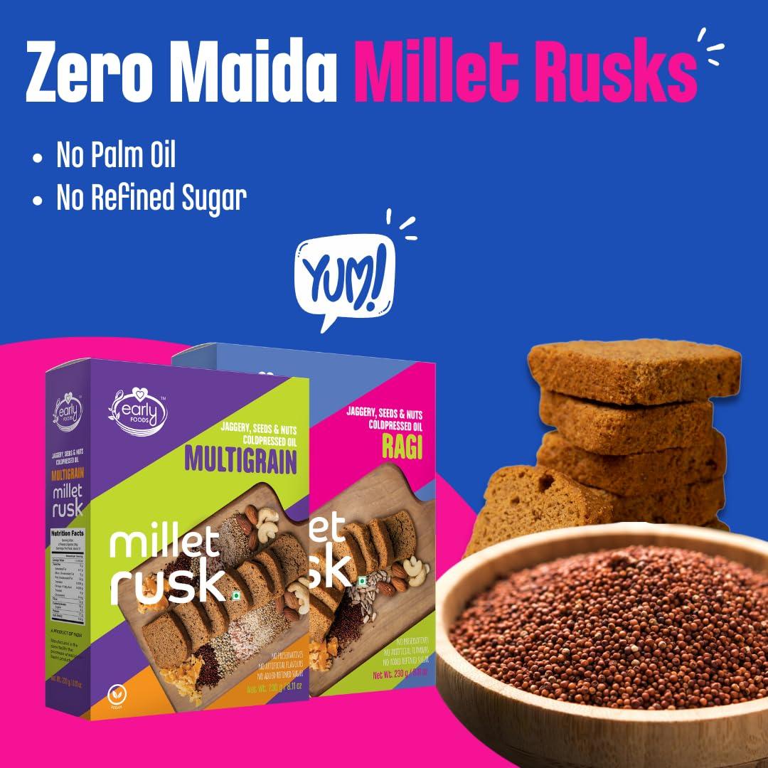 Early Foods Early Foods Assorted Pack of 2: ZERO Maida Ragi Rusk & Multigrain Rusk | Sugarfree Millet Rusk with Jaggery | Millet & Atta Rusk No Maida | Kids Snack | 230g x 2