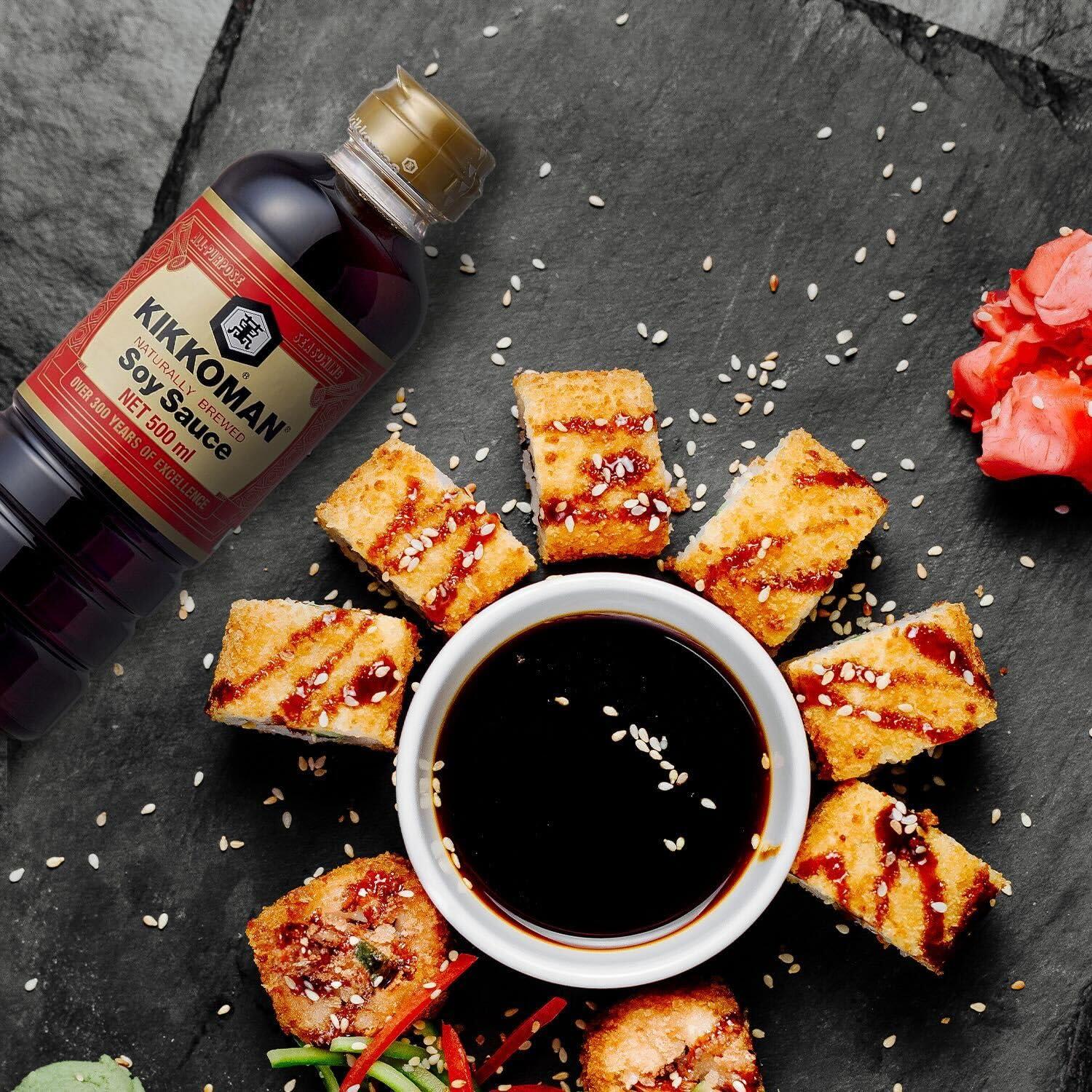 Kikkoman Kikkoman Naturally Brewed Soy Sauce - 500ml | Made in Japan, All Purpose Seasoning - 4 ingredients- Soy Beans, Salt, Water, Wheat | Vegetarian, No Added Colour or Preservatives