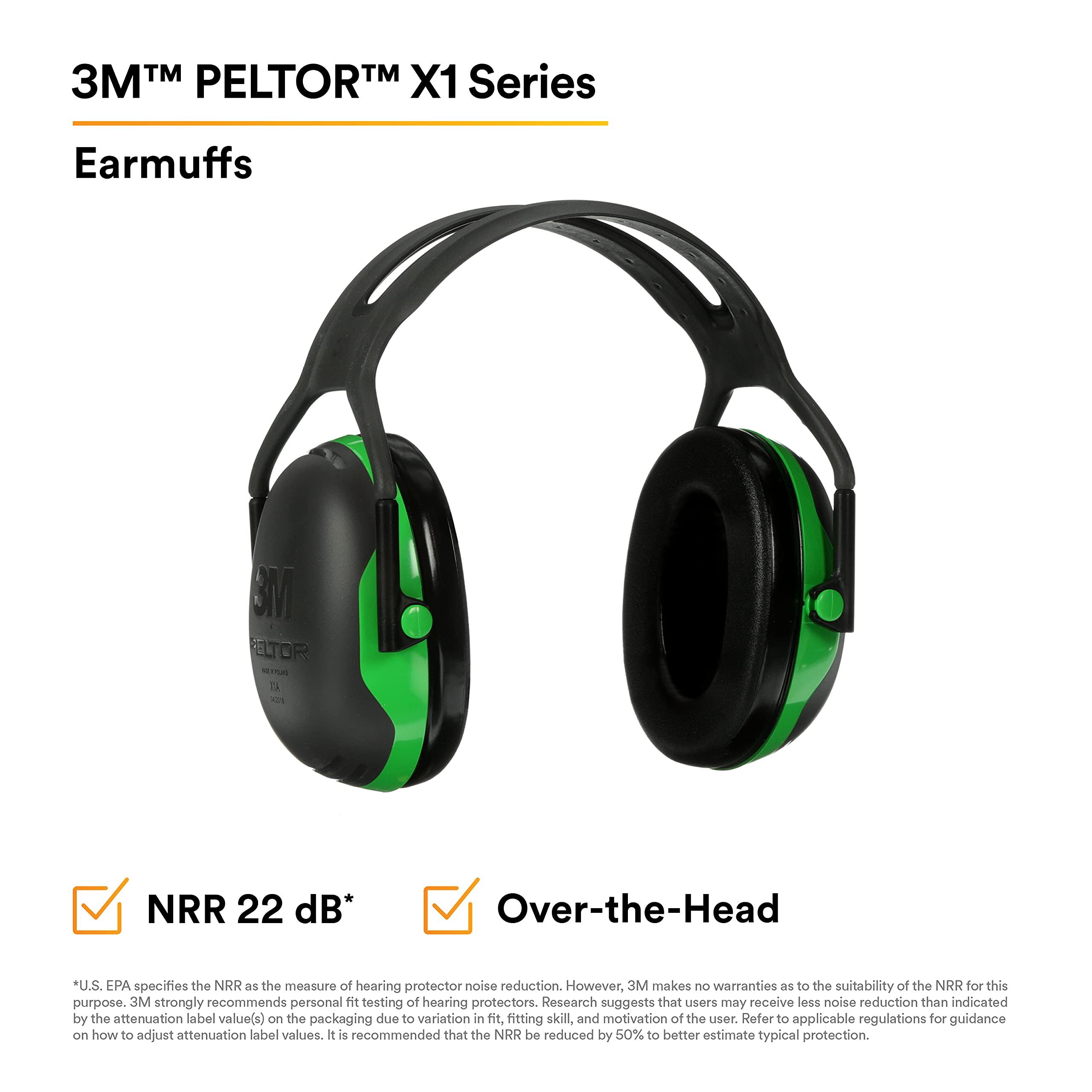 3M 3M Peltor X1A X-Series Over-the-Head Earmuffs, NRR 22 dB, One Size Fits Most, Black/Green, Pack of 1