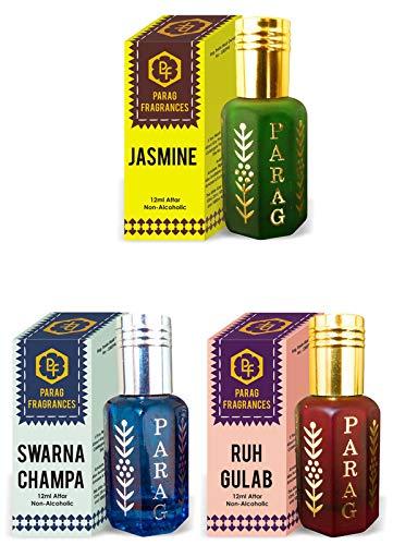 Parag fragrances Parag Fragrances Jasmine, Swarna Champa & Ruh Gulab Attar 12Ml Each Total 36Ml Of Natural & Pure Long Lasting Attar (Grade 1) Naturally Made By Bhapka Process
