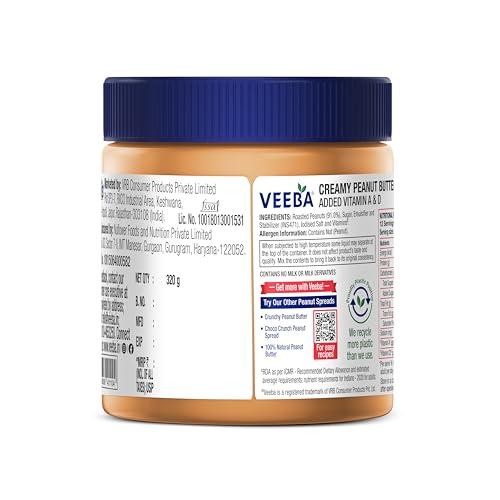 VEEBA Veeba Peanut Butter Creamy | Smooth | High Protein | Naturally Gluten Free | Vegan | Trans Fat Free | No Added Preservatives | Added Calcium, Iron, Vitamin A & D | No Added Colour & Flavour | Non GMO | 340 g
