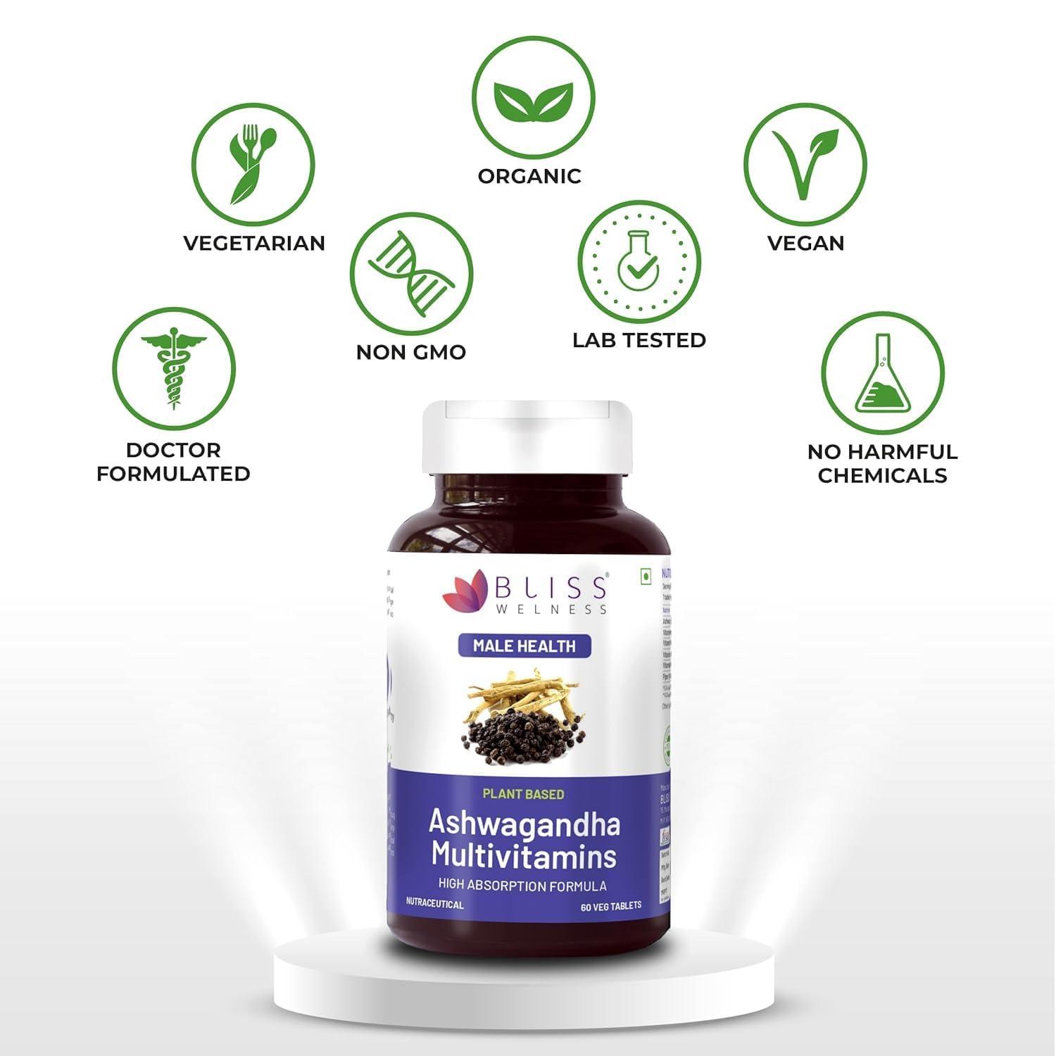 Bliss Welness Bliss Welness Pure Ashwagandha 1000mg + Multivitamins | Strength Vitality Stress Relief | General Wellness Rejuvenates Mind & Body Anti Anxiety Health Supplement - 60 Vegetarian Tablets