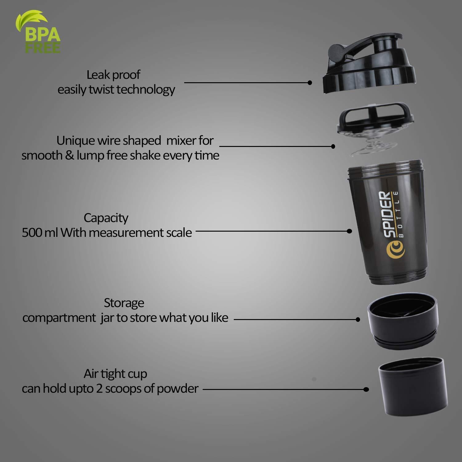 DOVEAZ DOVEAZ Spider Shaker | Spider Protein Shaker | Spider Shaker Bottle | Gym Shaker | Cyclone Shaker | Protein Shaker | Gym Protein Shaker | Gym Bottle | Bpa Free Shaker | Shaker 500ml (Black)