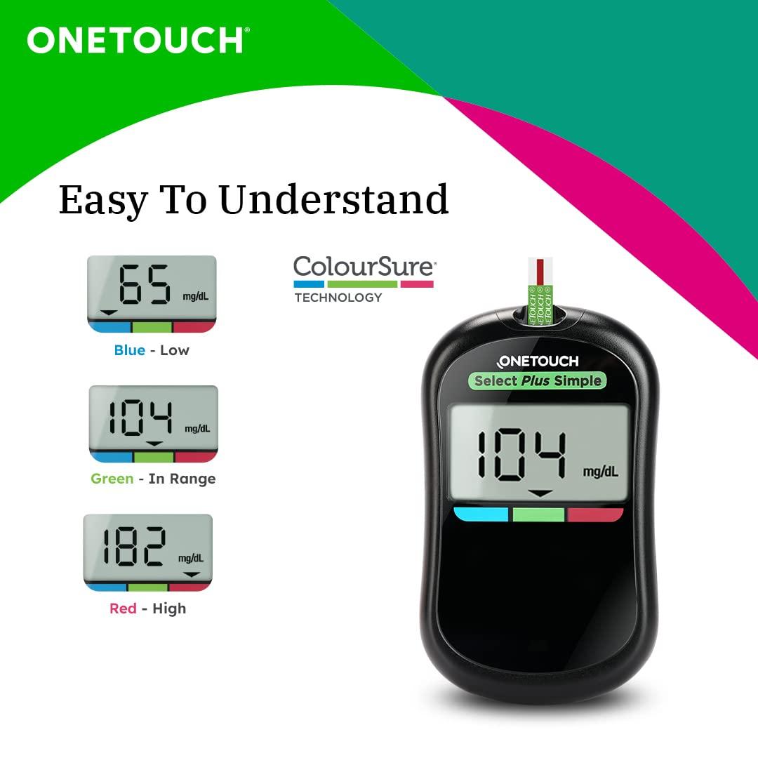 OneTouch OneTouch Select Plus Simple glucometer machine with 50 Test Strips & 50 additional Ultrasoft 2 Lancets (total 60 lancets) | Simple & accurate testing of Blood sugar level at home | Global Iconic Brand