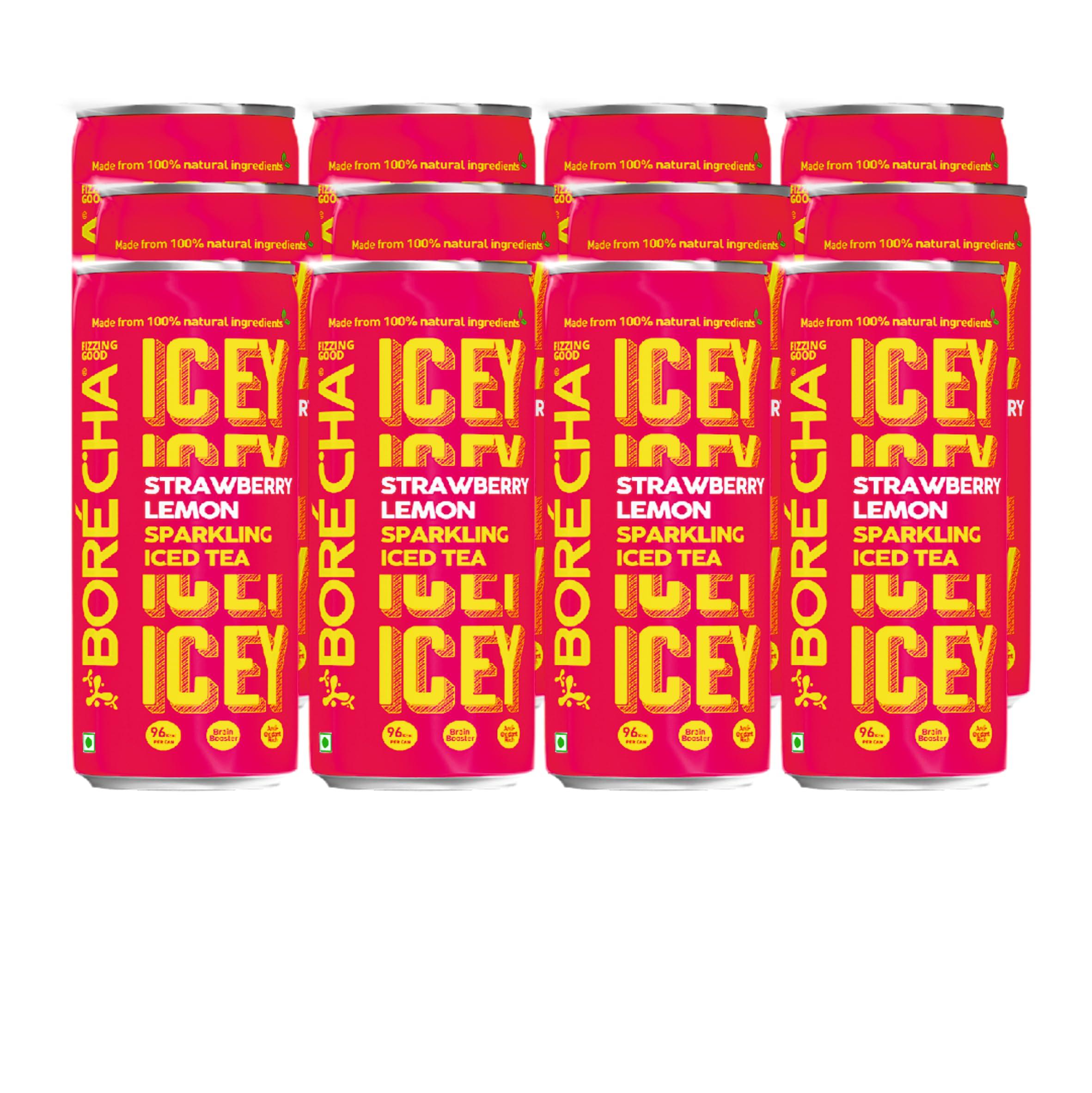 Borcha Borcha ICEY Sparkling Iced Tea 330ml | Cold Brewed | Gut Friendly | Gluten free | Vegan and Unpasteurised | Natural Functional Beverage | (Strawberry Lemonade, Pack Of 12)