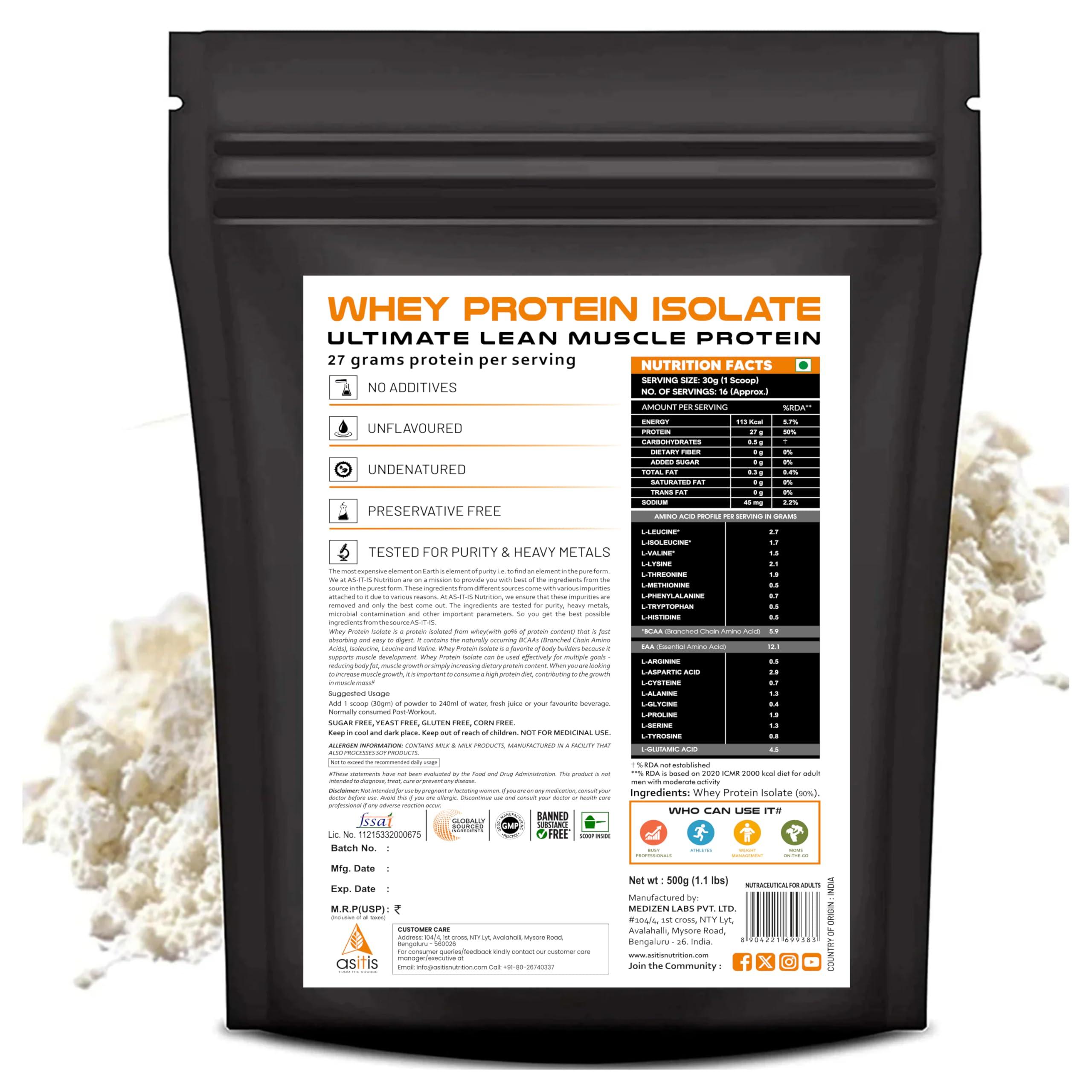 Asitis Nutrition AS-IT-IS Nutrition Whey Protein Isolate 90% - 500 Gms | Protein 27g & BCAA 5.9g per serving