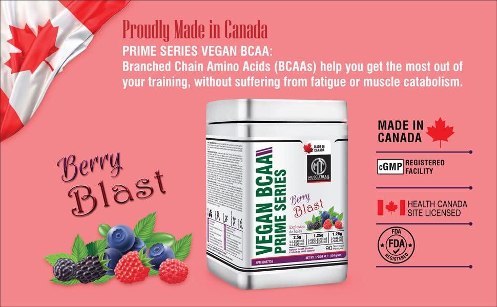 MuscleTrail MUSCLETRAIL Vegan BCAA Prime Series, 90 Serving (Imported, Made In Canada)|Berry Blast| 2.5g L-Leucine, 1.25g L-Isoleucine & 1.25g L-Valine (Berry Blast )