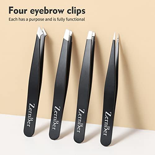 ZERNBER ZERNBER Tweezers for Women Stainless Steel Precision Tweezer Set with Leather Bag ,Eyebrow Tweezers for Facial Hair, Ingrown Hair, Splinters and More (4 Count)