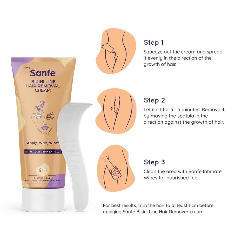 Sanfe Sanfe Bikini Line Hair Removal Cream WIth Aloe Vera Extract Perfect for Legs, Underarms, Bikini Line, Arms | 3x Longer Lasting Smoothness than Razors | With No Bad Smell - 100 Gram (Pack Of 2)
