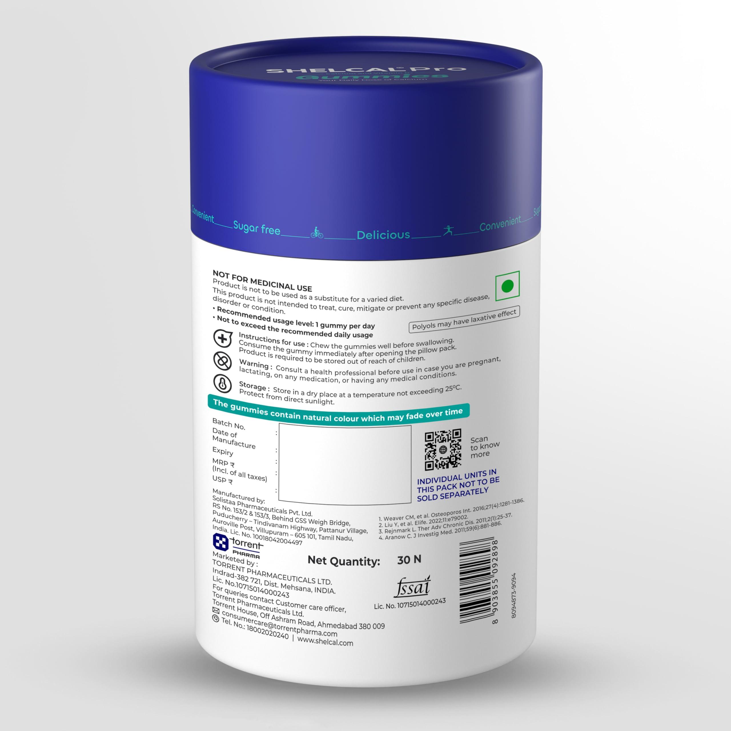 Torrent Torrent Shelcal Pro Calcium&Vitamin D3 Sugar Free Gummies|Supports Strong Bones&Joint| Lemon&Orange&Mixed Berries Flavours(30 Gummies)X Pack Of 6