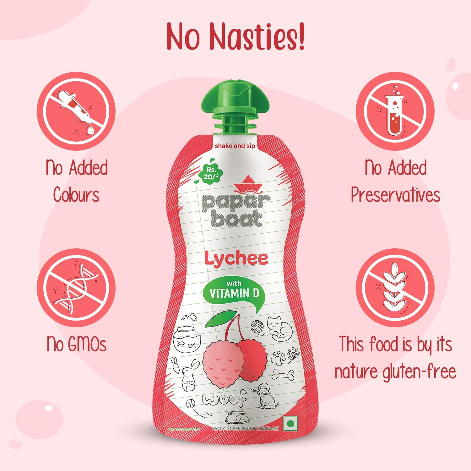 Paper Boat Paperboat Swing Zesty Pomegranate Juice with Vitamin D, 600 ml Each - Pack of 6 & Paper Boat Lychee Juice, Litchi Jelly Drink Enriched with Vitamin D (Pack of 9, 150ml each), Pink