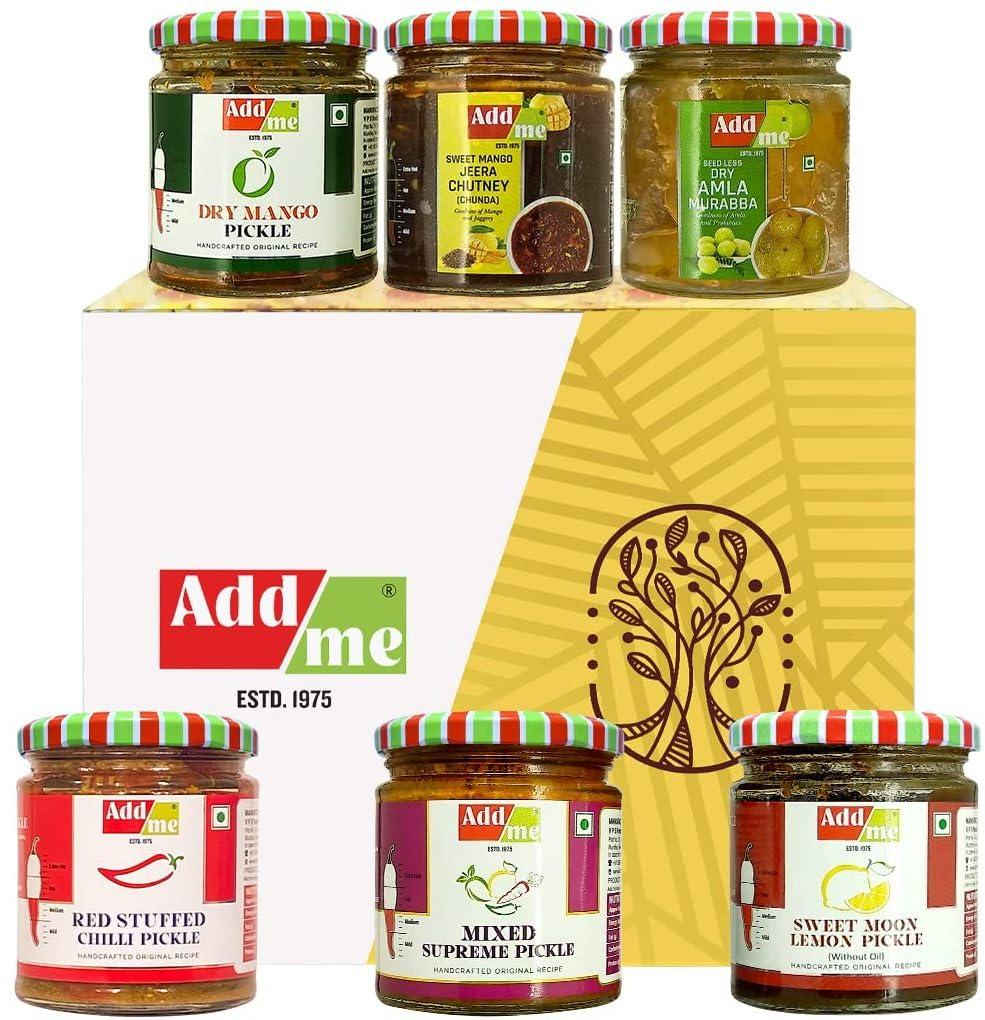 Add me Add me Combo Pickle Pack 6 In 1 Dry Mango Achar 150Gm + Mixed Pickles 200Gm + Amla Murabba 200Gm + Sweet Lemon Pickle 200Gm + Lal Mirchi Ka Achar 200Gm + Sweet Mango Jeera Chutney 200Gm Glass Jar