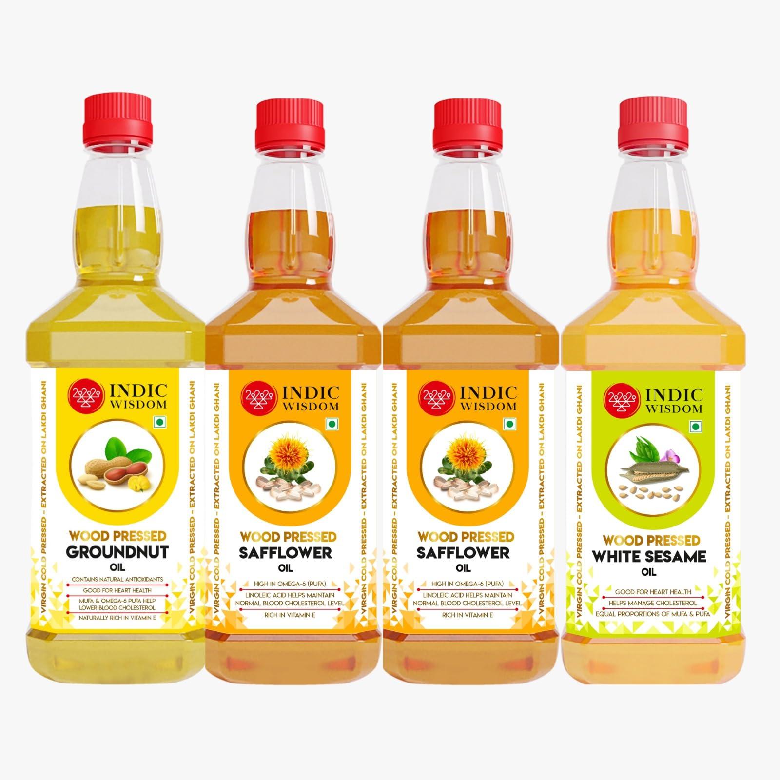 IndicWisdom IndicWisdom Wood Pressed Oils Combo 005 (2 liter Safflower Oil,1 liter Sesame Oil,1 liter Groundnut Oil) (Cold Pressed - Extracted on Wooden Churner) | Kolhu/Kacchi Ghani/Chekku