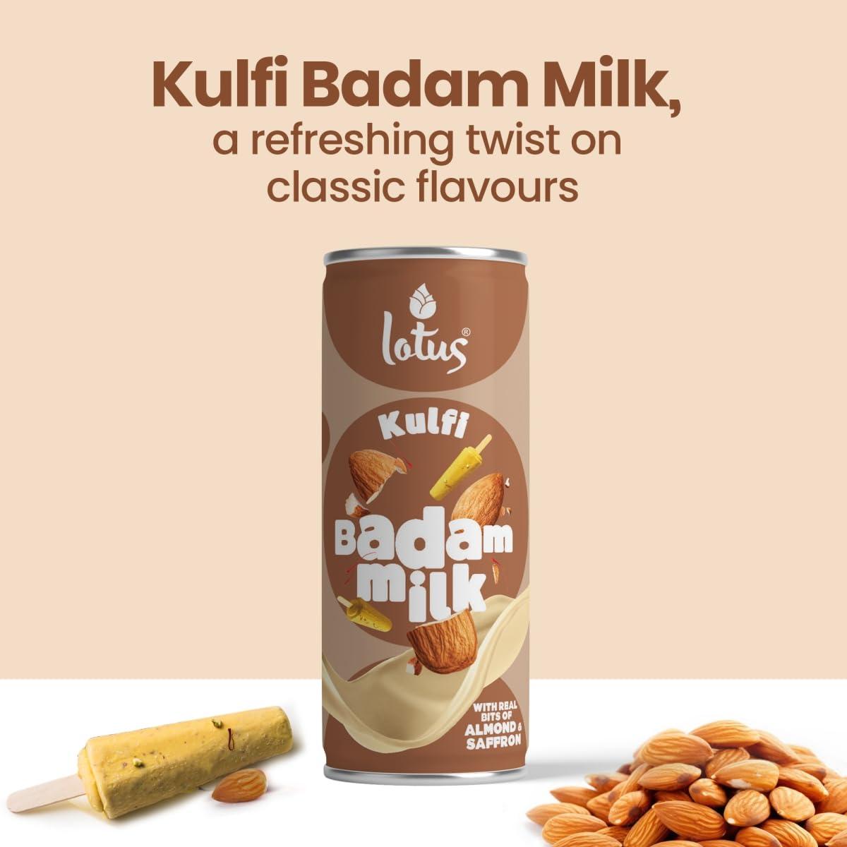 Lotus Lotus Kulfi Badam Milk, 180 ML Can | Pack of 6 | With Real Bits of Almonds and Saffron | No Preservatives | No Artificial Flavours and Colors | Rakhi Gift for Sister and Brother