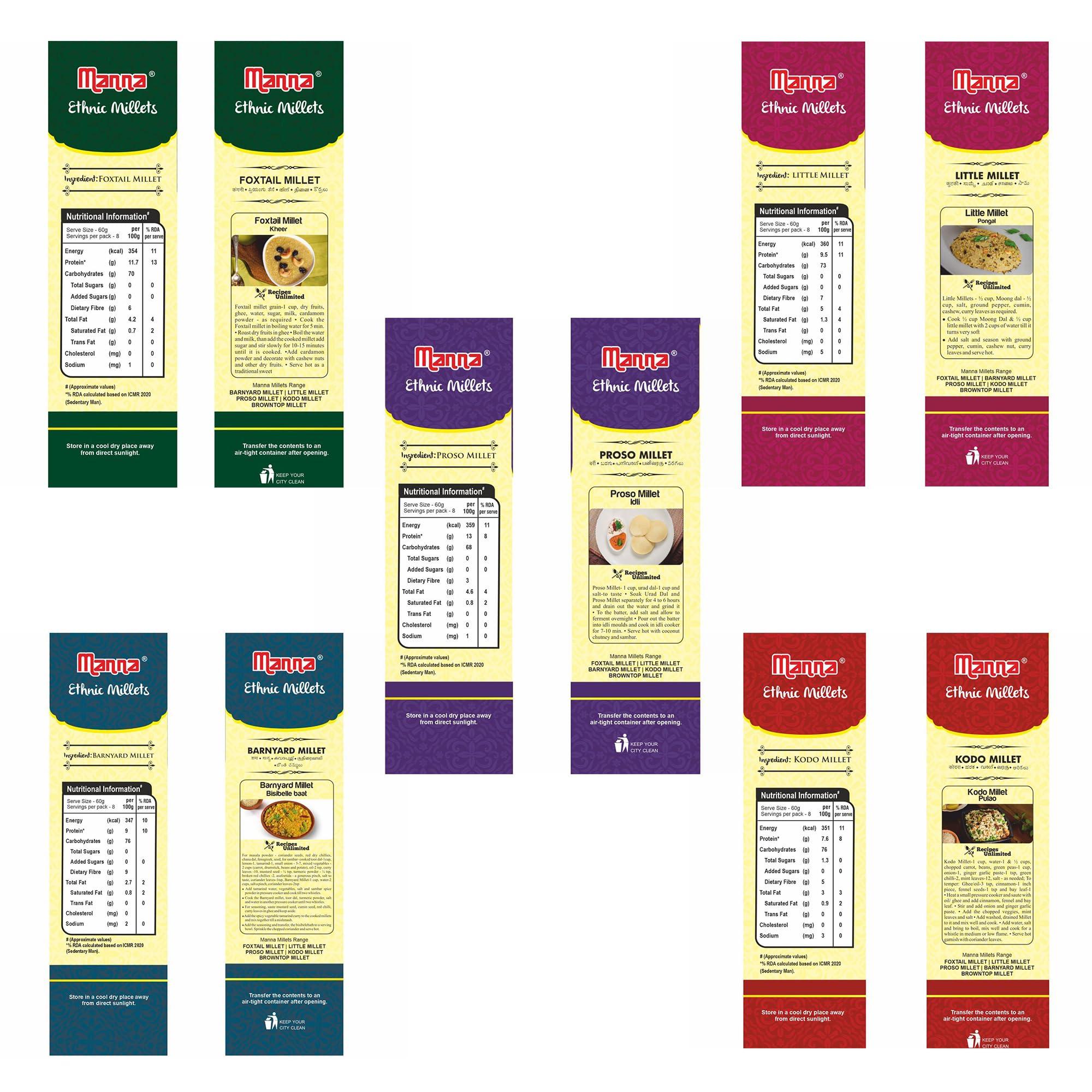 Manna Manna Millets 5Kg Combo Pack of 5, Unpolished Millets, Siridhanya,Certified Low GI, Little 1kg, Kodo 1kg, Foxtail 1kg, Proso 1kg, Barnyard 1kg. Natural Grains 500g(Pack of 10)