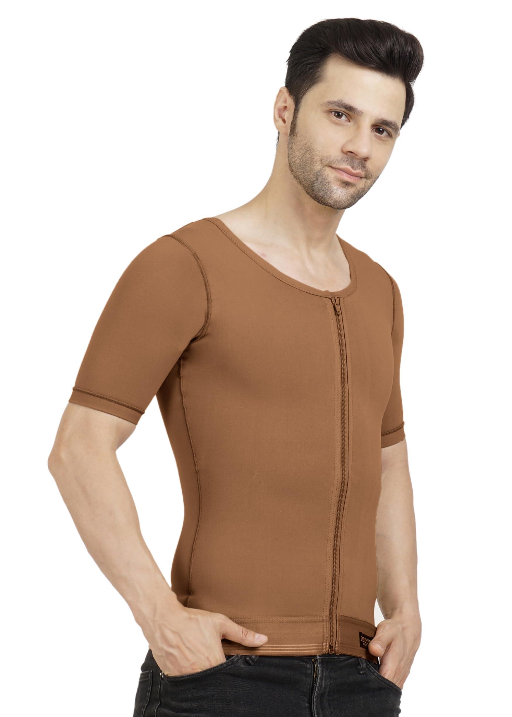 Dermapress Gynecomastia Compression Vest with Short Sleeve| HIGH Compression| Front Zip and Hook Closer| Tomboy Chest Binder| Chest, Abdomen & Back Support for Men| (Brown, M)