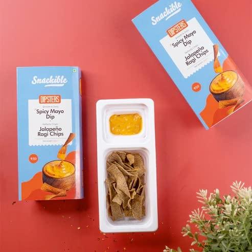 Snackible MU(N)CH BETTER Snackible Dipsters Chips & Dip - Assorted Pack of 6 Flavours (Pack of 18) - 18x50gm | Cheesy Jalapeno, Creamy Cheese, Spicy Mayo, Makhani, Chocolate, Choco-Hazelnut | Children Friendly Snack | Ragi