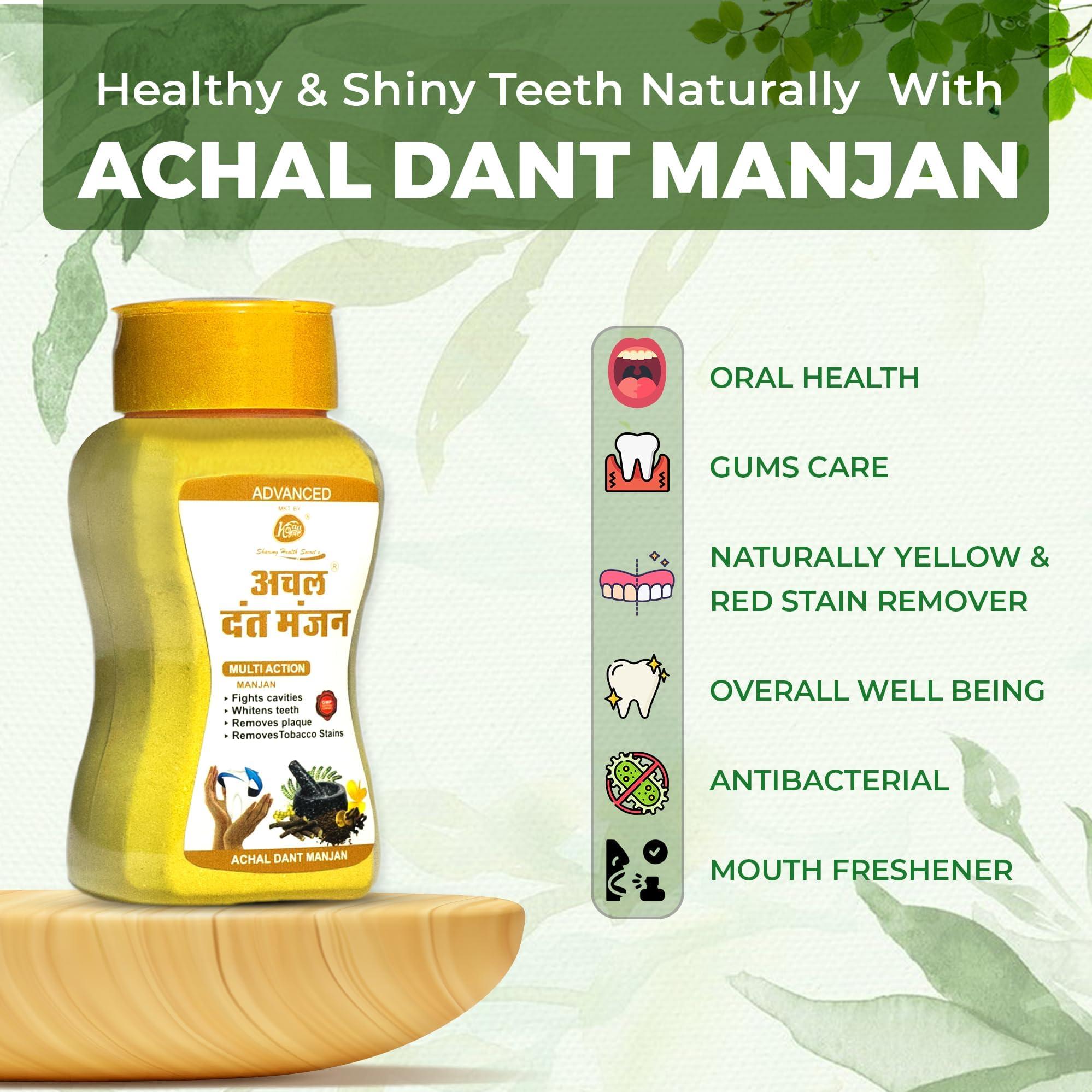 Achal Achal Dant Manjan 80 GM + Achal Toothpaste (2 x 175 GM)- (Combo of 3), Ayurvedic Dental Toothpaste and Tooth powder for Strong Teeth, Fresh Breath & Whitening, For Kids & Adults