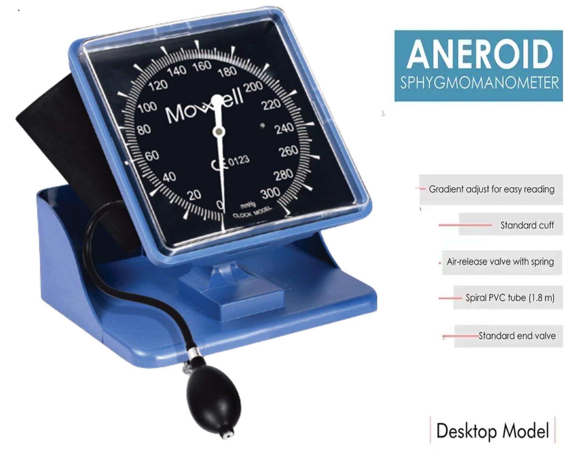 Mowell Mowell Wall-Mounted Aneroid Sphygmomanometer with Clock Face | Desktop BP Monitor with Latex Bulb, Air Release Valve, Spring Cuff (49 x 13.5 cm) - Blue
