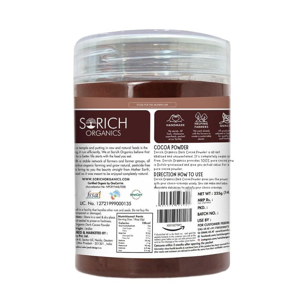Sorich Organics Sorich Organics Dark Cocoa Drink Powder 225gm | Dark Cocoa Powder for Cake, Chocolates, Cookies, Brownies, Hot/Cold Milk Shakes, Desserts, Bars, Smoothies | Vegan | Gluten Free (Unsweetened)