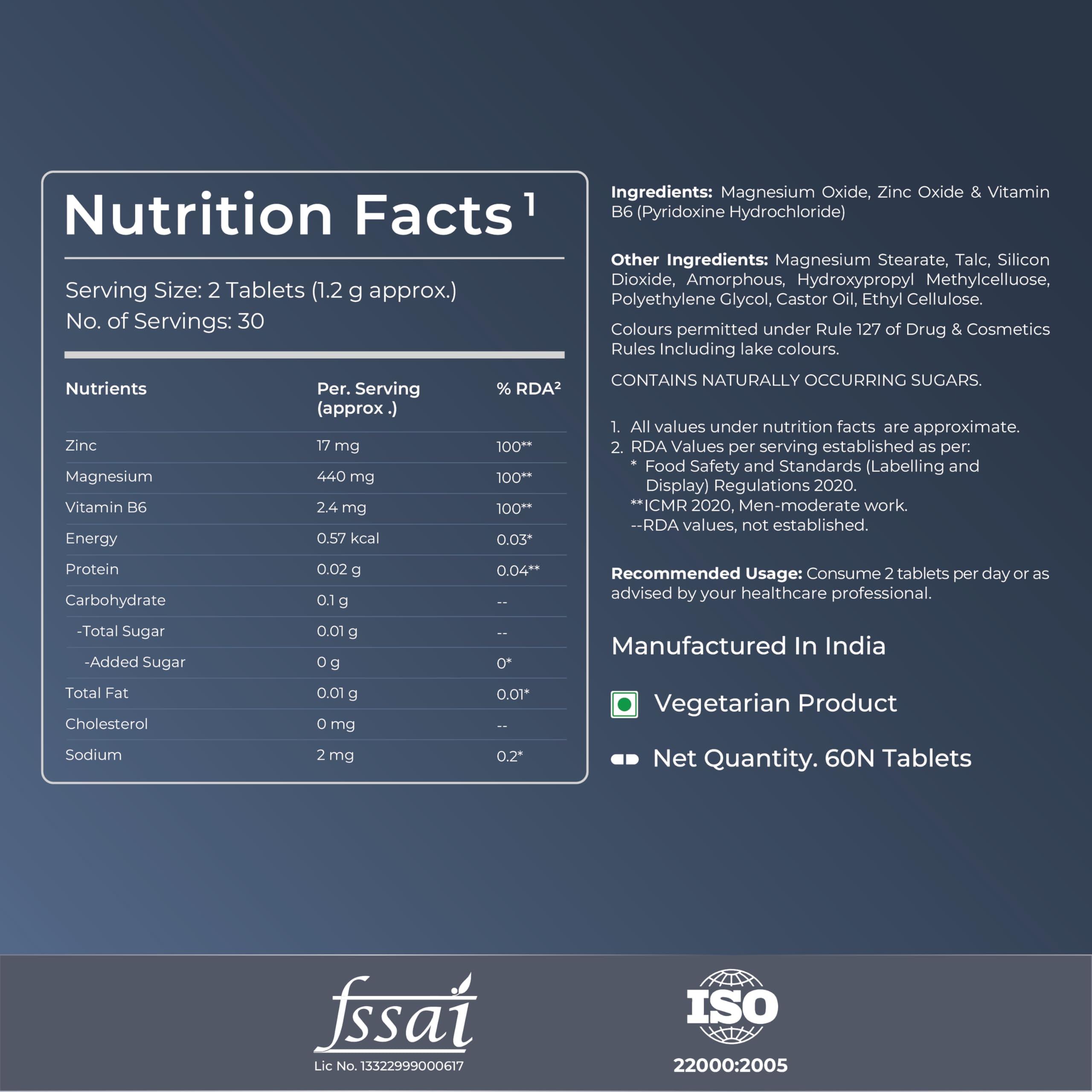 Nutrabay Nutrabay Pro Zinc Magnesium (ZMA) with 100% RDA of Zinc, Magnesium Aspartate and Vitamin B6 - For Muscle Strength, Recovery, Restful Sleep & Anxiety Relief supplement for Men & Women - 60 Veg Tablets