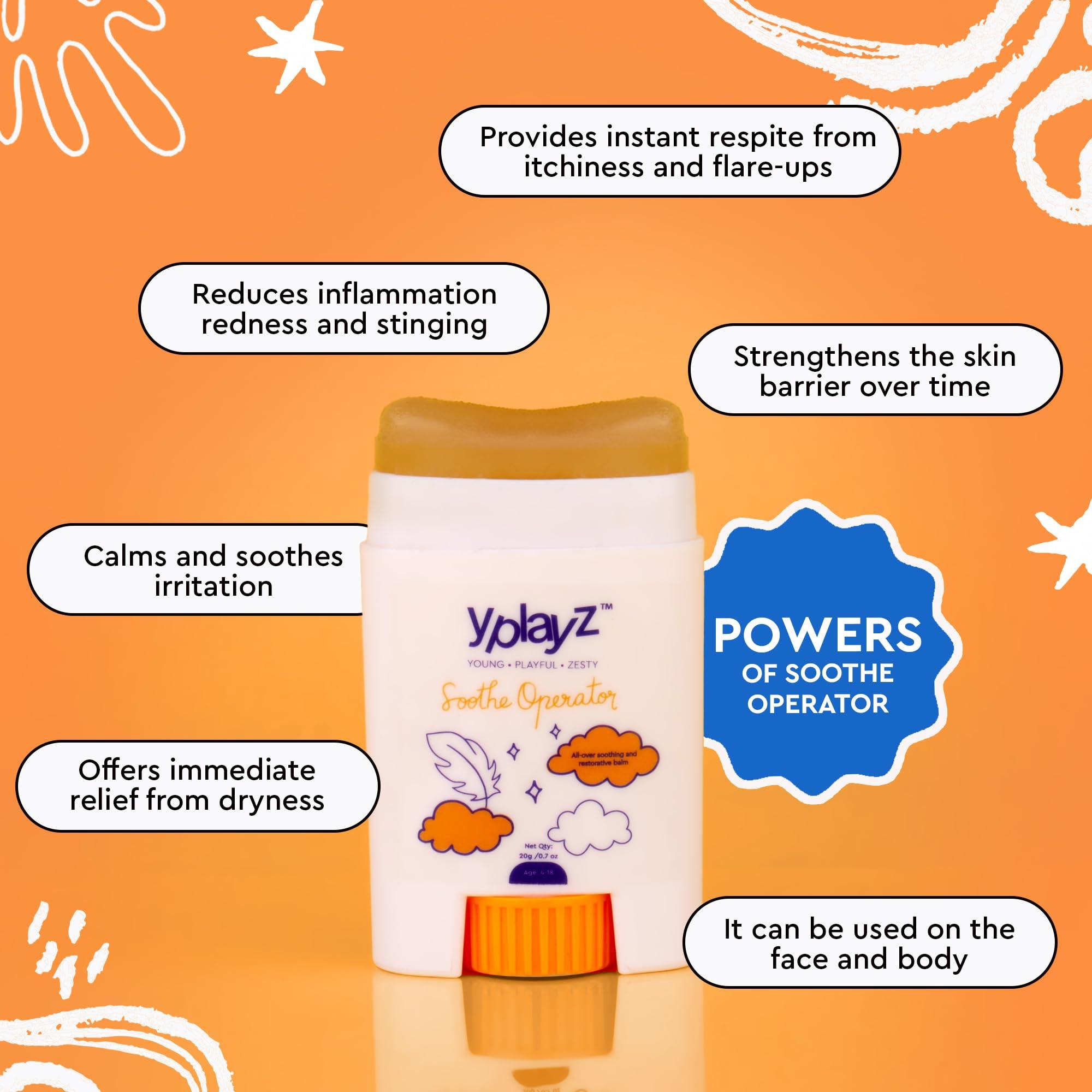 YplayZ Y Play Z Soothe Operator Soothing Balm for Kids - Instant Itch Relief, Non-Sticky Moisturizer for Dry Skin with Avocado Oil, Rice Water & Colloidal Oatmeal, Safe for Face & Body, Ages 4-18, 20g