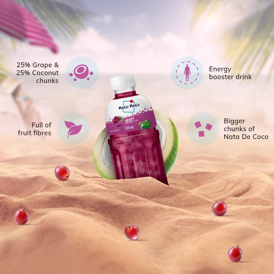 Mogu Mogu Mogu Mogu Grape Juice with 25% NATA De Coco | Energy Booster Drink | Full of Fruit Fibres | No Added Preservatives and Colours - (Pack of 9, 300ml Each)