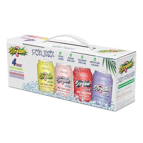SCREAM YOUR WAY Scream Power Energy Drink: Assorted Flavour, 0 Sugar, 0 Calorie, 0 Carb, 0 Artificial Color Energy Drink with BCAA, Natural Caffeine, Sustained Energy - Pack of 4, 250ml Cans