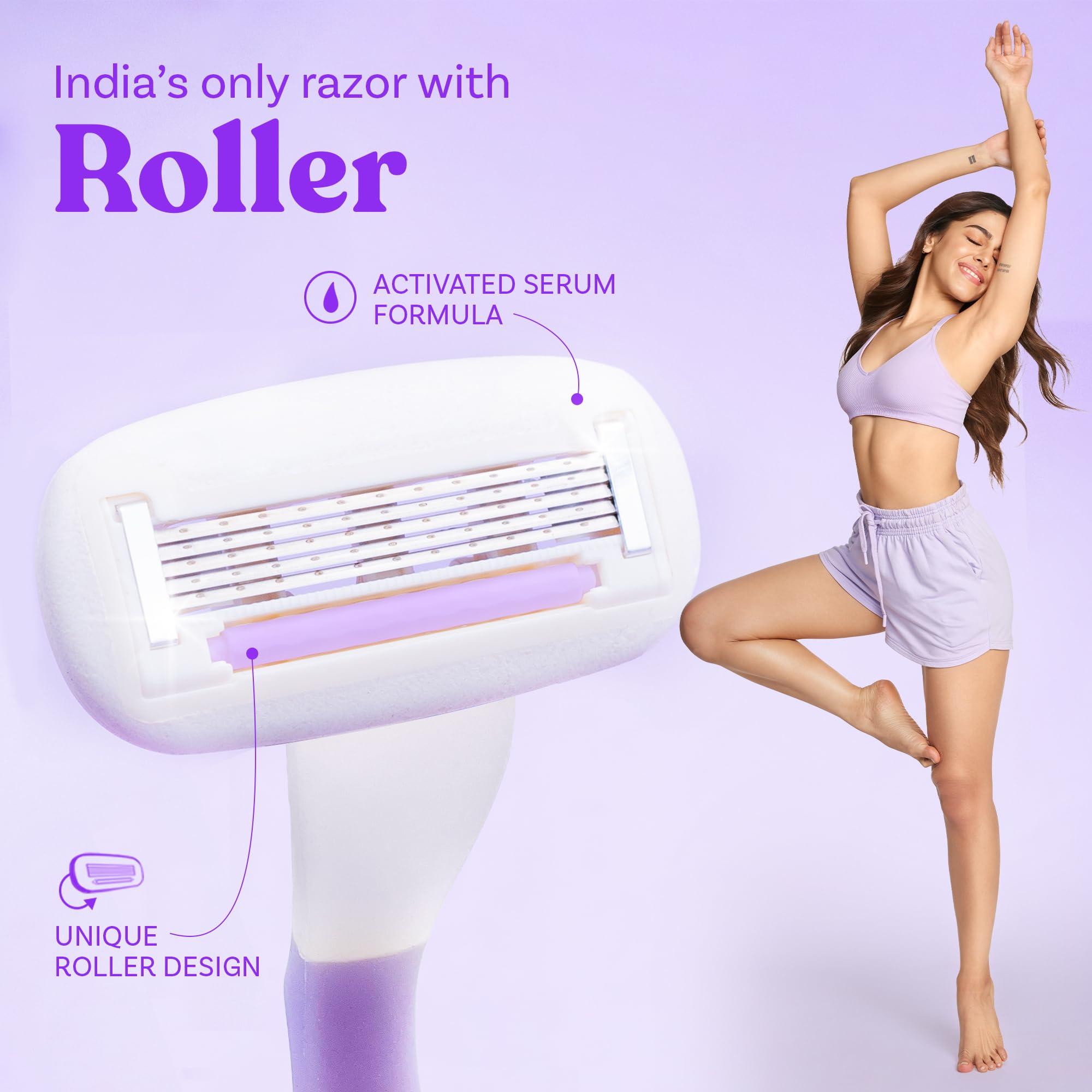 BOMBAE Bombae Rollplay Glow Body Razor | India\'s only razor with roller | Aloe vera, Vit E, Jojoba oil infused | 1 Razor + 1 Magic Holder | Hair Removal Razor For Women | 2x smoother and long lasting | Curve-friendly, smooth & hassle-free