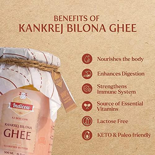 Indicow Indicow Foods Vedic Bilona A2 Cow Ghee | (Kankrej Cow A2 Vedic Bilona Ghee 500 ML) | Grass Fed, Hand Churned, 100% Pure and Preservative Free