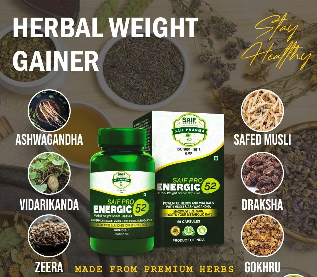 PLEASURE HUNT PLEASURE HUNT Saif Pro Energic 52 Herbal Weight Gainer Capsule For Fast Weight & Muscle Gain, Daily Muscle Building, Supplement For Muscle Growth, Stamina & Strength, For Men & Women - 60 Cap