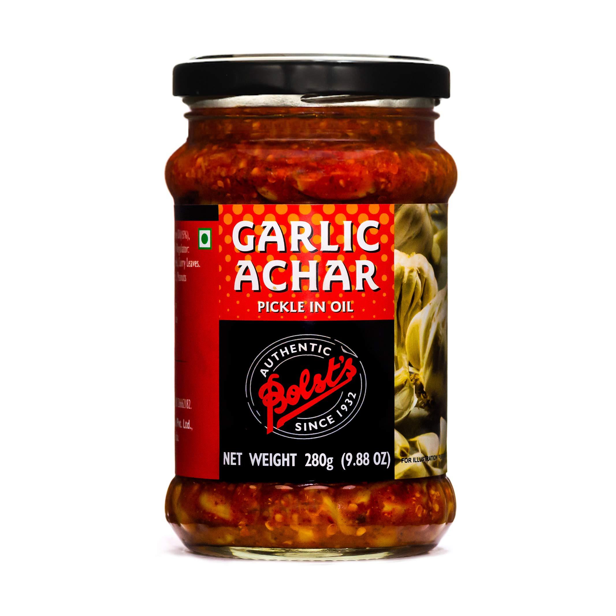 Bolst's Bolst\'s Garlic Achar | Authentic India Style Garlic Pickle | Traditional Indian Taste | Homemade Lahsun Achar | Tangy and Spicy | Fresh Garlic Cloves | Homemade Taste 100% Natural Ingredients | 280g