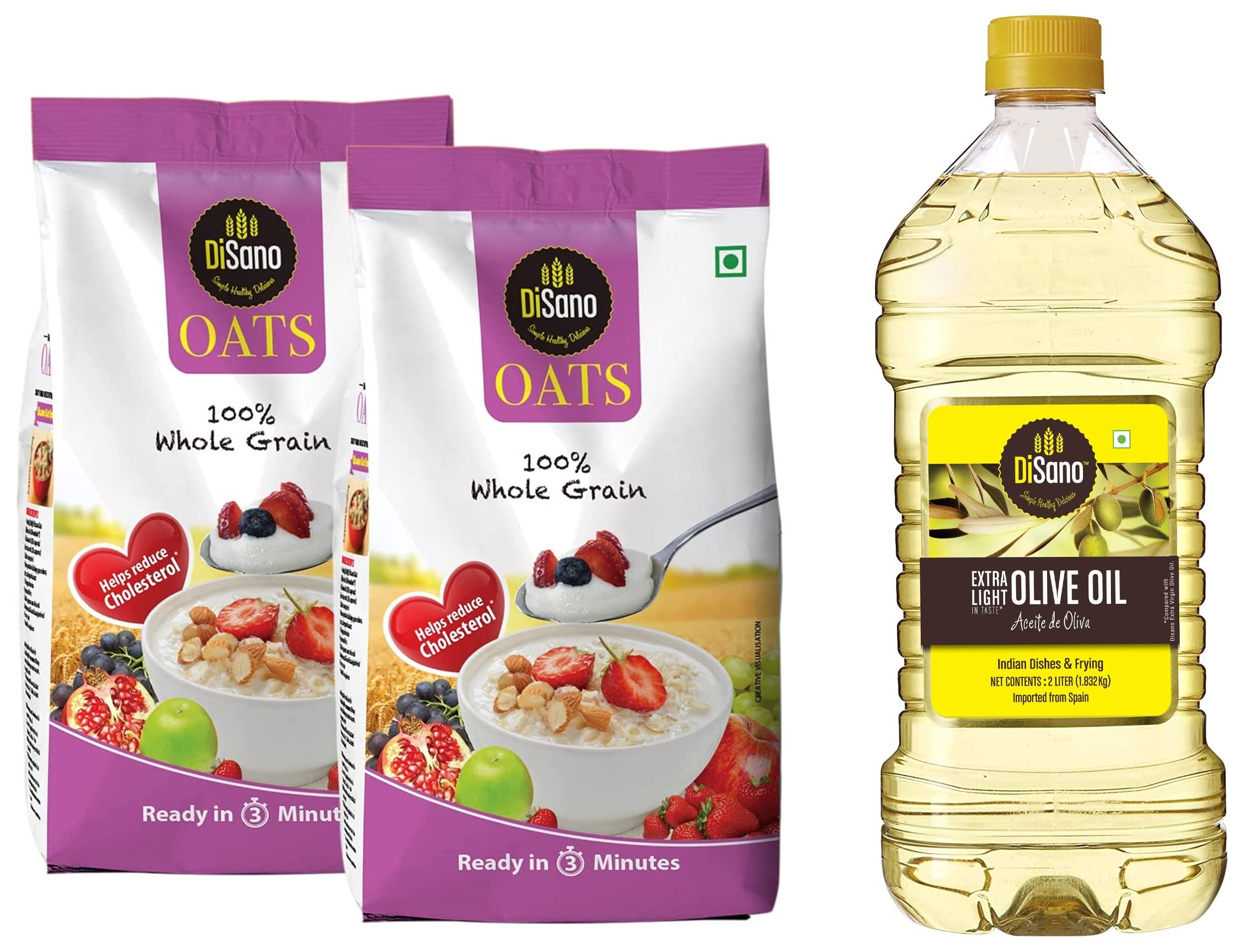 DISANO Disano Oats, 100% wholegrain, Pouch 2 kg & Extra Light Olive Oil, Indian dishes and frying, 2L