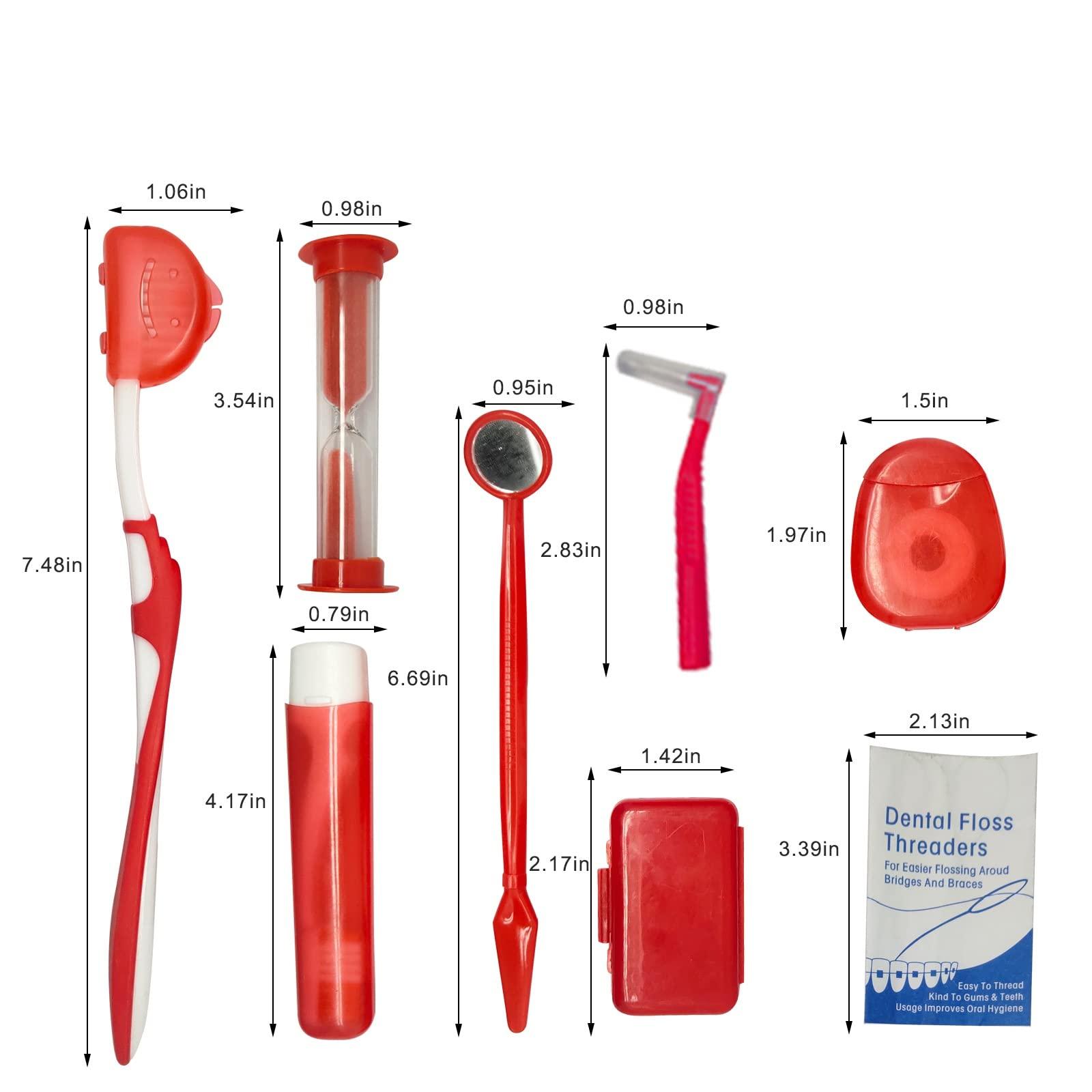 YOUYA DENTAL Boxed Portable Orthodontic Care Kit Orthodontic Toothbrush Kit for Braces for Orthodontic Patient Travel Oral Care Kit Dental Travel Kit Interdental Brush Dental Wax Dental Floss (8 Pcs/Pack)-Red