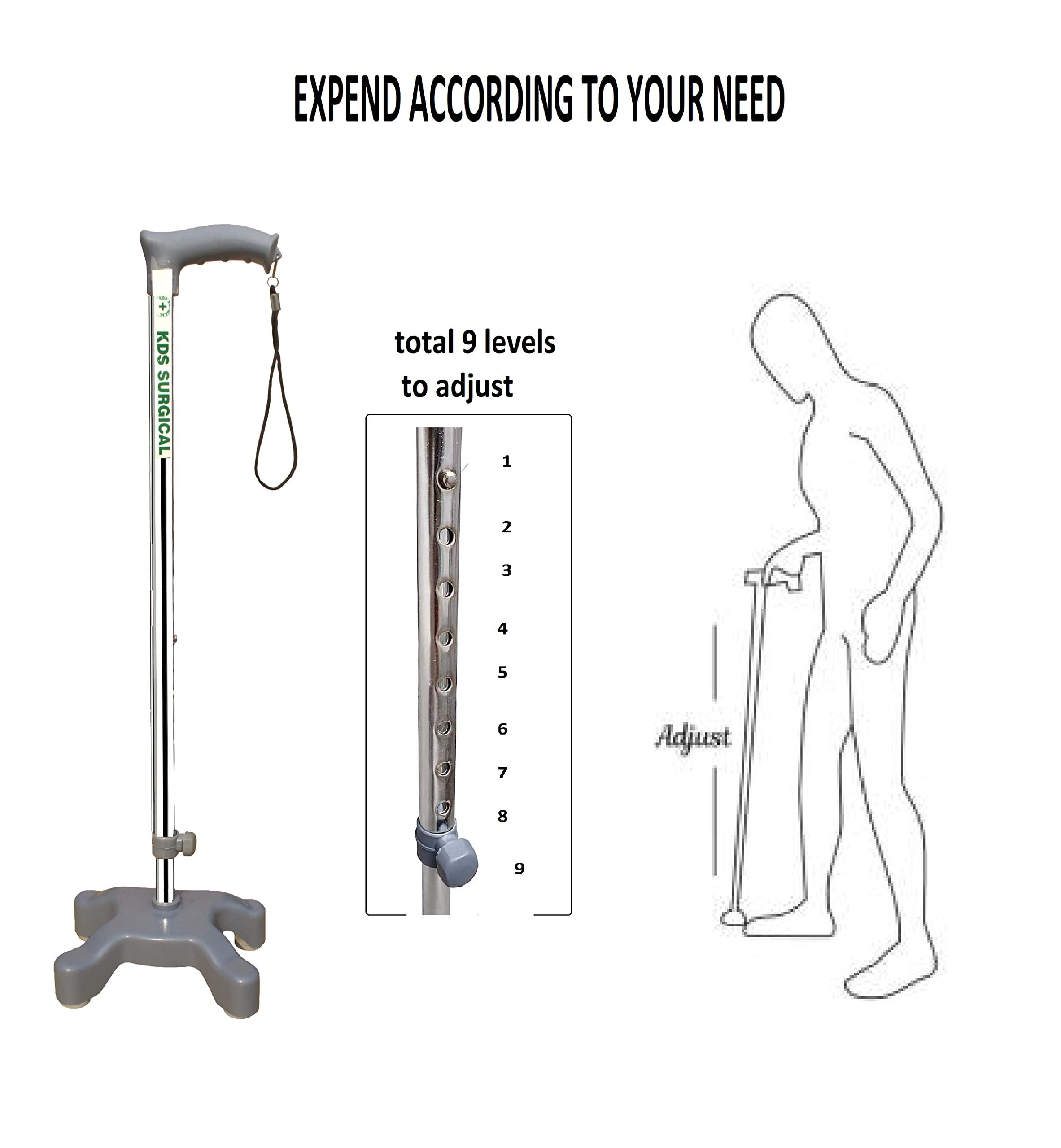 KDS SURGICAL Kds Surgical Quadripod 4 Leg Chroome Height Adjustable Walking Stick with Dori- Unisex