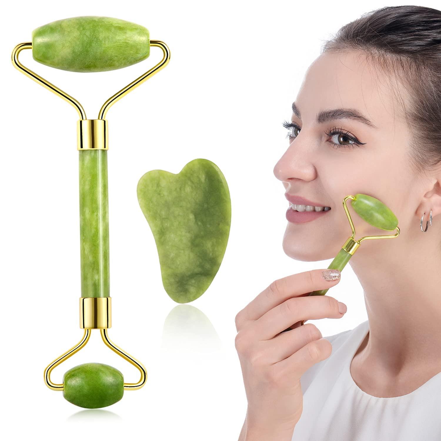 KILO COOL HVAC Jade Roller and Gua Sha Set for Beautiful Skin Detox - Facial Body Eyes Neck Massager Tool Reduce Wrinkles Aging - Original Natural Jade Stone