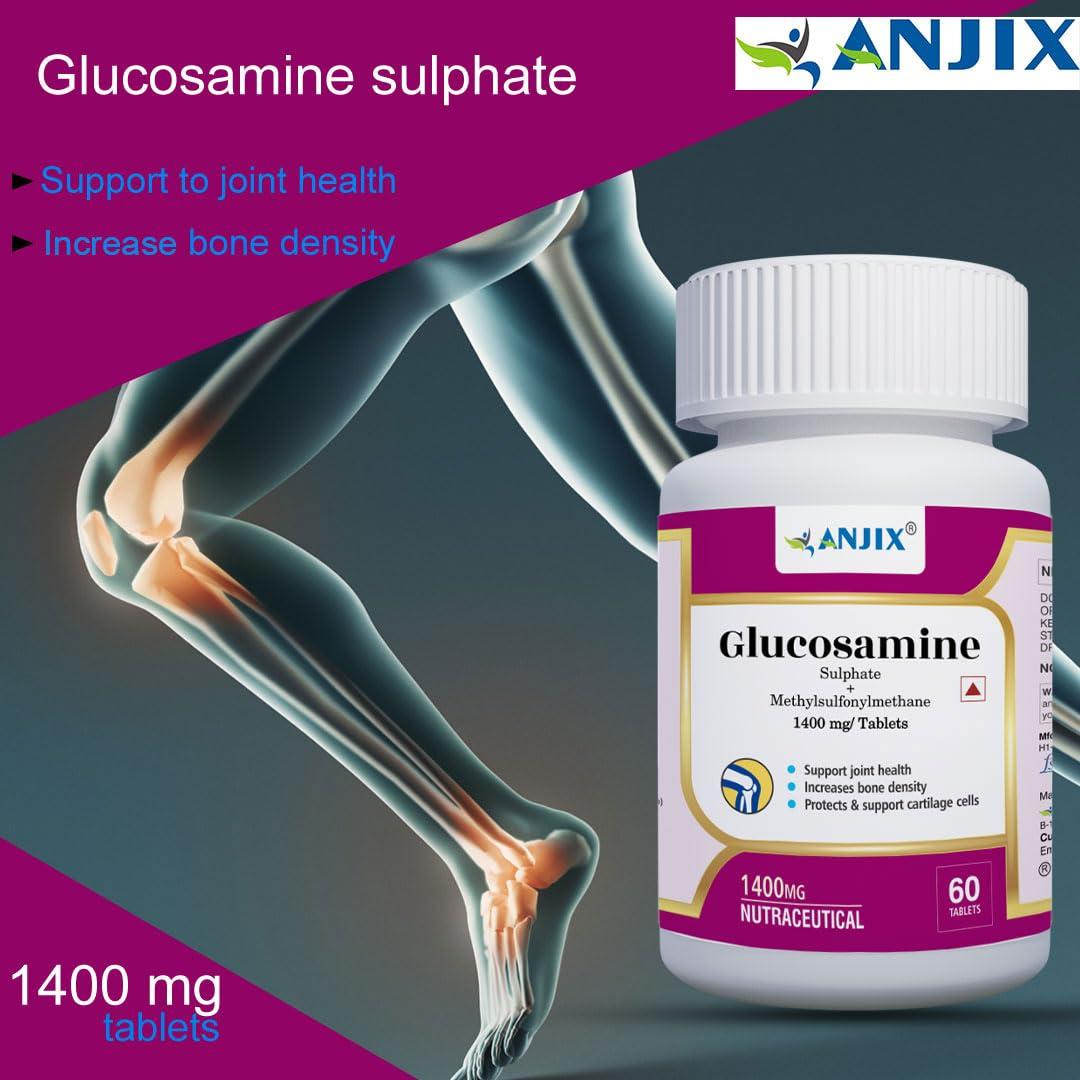 ANJIX ANJIX Glucosamine Sulphate Potassium Chloride 1000mg with MSM 400mg, Glucosamine Tablets for Joint Health Supplement for Cartilage Support, Non- Veg, Pack of 60 Tablets
