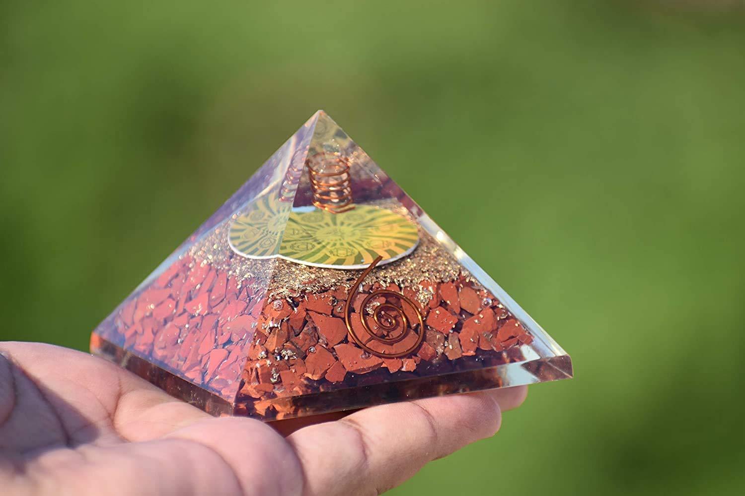 Orgonite Shop OrgoniteShop Red Jasper Orgone Pyramid for Positive Energy – Healing Crystal Pyramid for Meditation Orgonite Pyramid for Positive Energy – Energy Pyramid Flower of Life